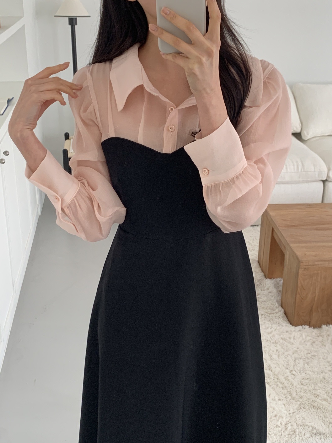 シフォンボタンカラーパフスリーブレイヤード風長袖ギャザーフレアAラインボタンスリーブ配色ワンピース | 詳細画像2