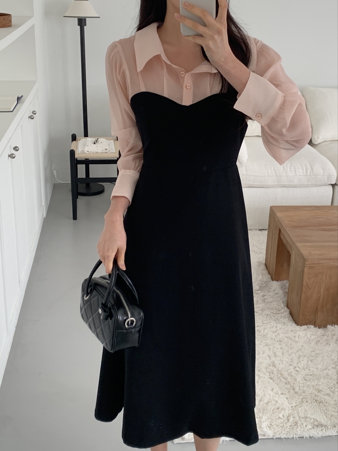 シフォンボタンカラーパフスリーブレイヤード風長袖ギャザーフレアAラインボタンスリーブ配色ワンピース | 詳細画像3