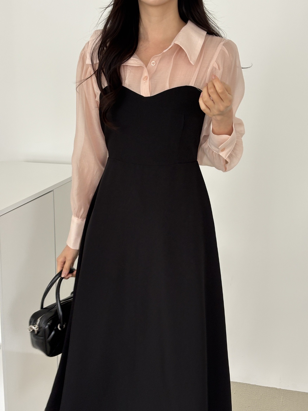 シフォンボタンカラーパフスリーブレイヤード風長袖ギャザーフレアAラインボタンスリーブ配色ワンピース | 詳細画像4