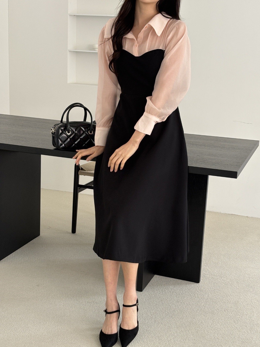 シフォンボタンカラーパフスリーブレイヤード風長袖ギャザーフレアAラインボタンスリーブ配色ワンピース | 詳細画像5