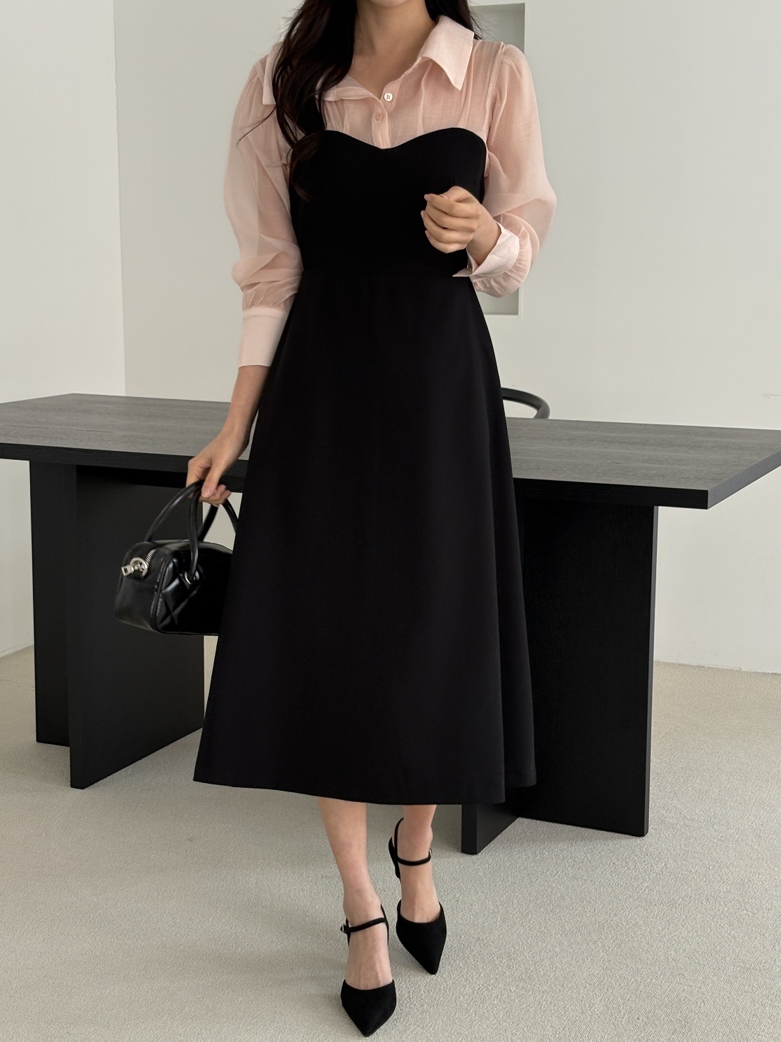 シフォンボタンカラーパフスリーブレイヤード風長袖ギャザーフレアAラインボタンスリーブ配色ワンピース | 詳細画像7