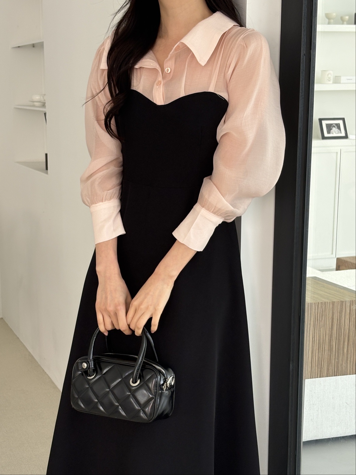 シフォンボタンカラーパフスリーブレイヤード風長袖ギャザーフレアAラインボタンスリーブ配色ワンピース | 詳細画像8