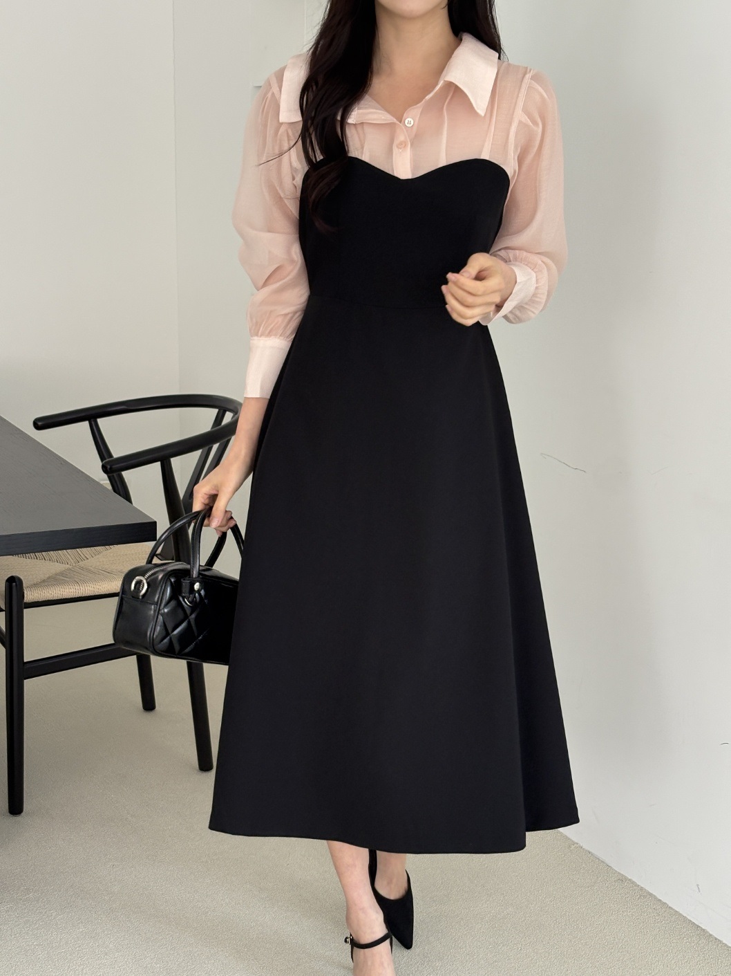 シフォンボタンカラーパフスリーブレイヤード風長袖ギャザーフレアAラインボタンスリーブ配色ワンピース | 詳細画像9