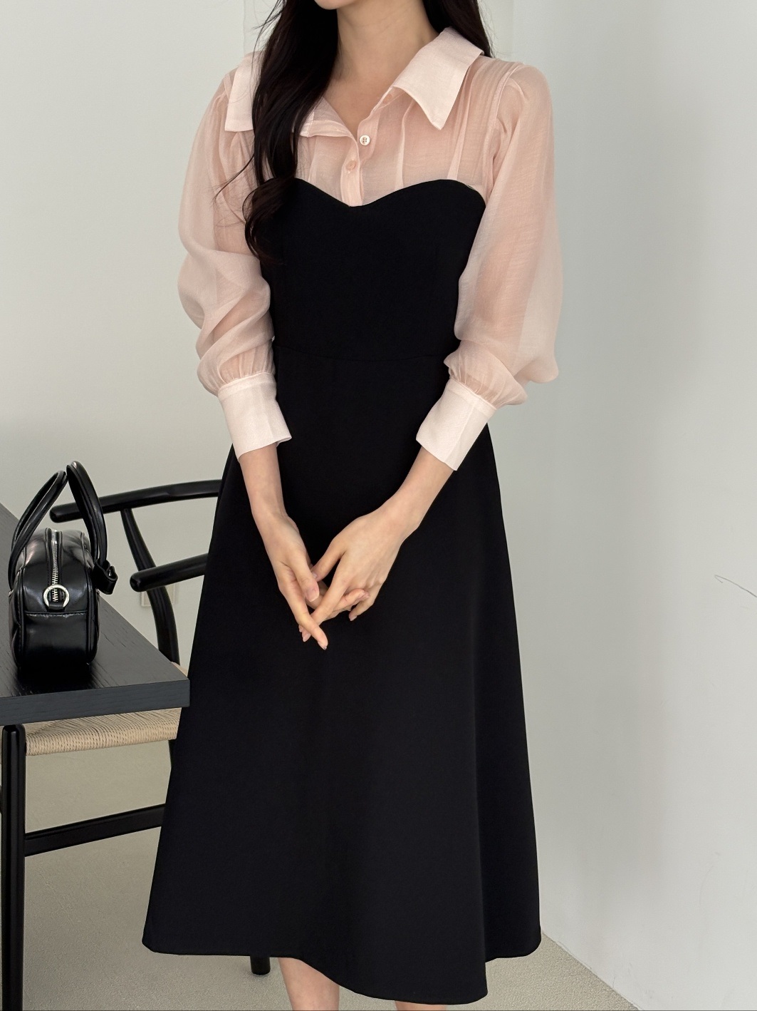 シフォンボタンカラーパフスリーブレイヤード風長袖ギャザーフレアAラインボタンスリーブ配色ワンピース | 詳細画像10
