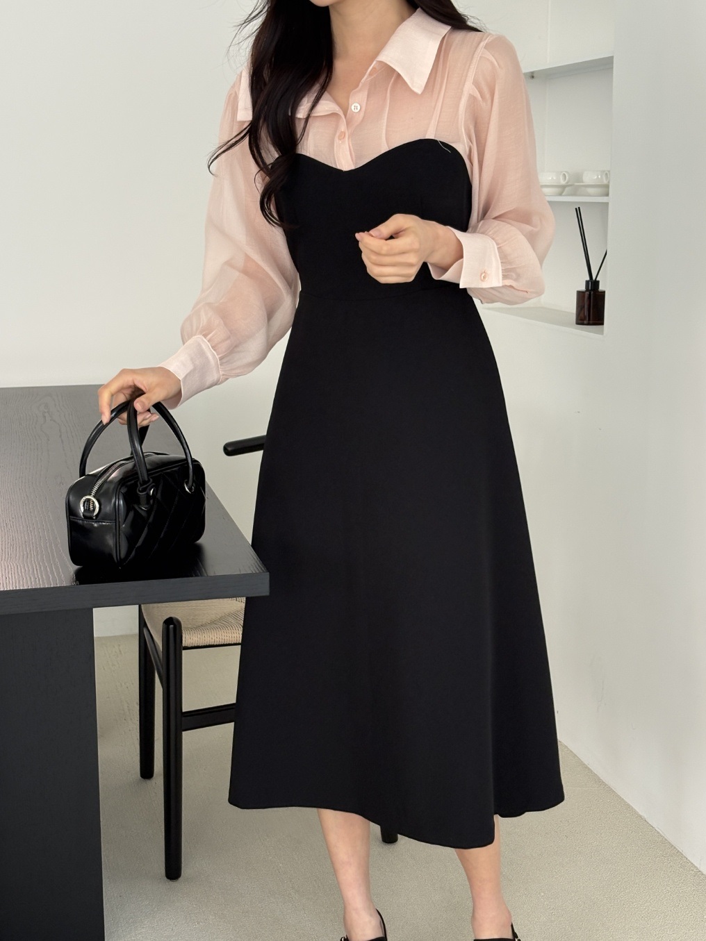 シフォンボタンカラーパフスリーブレイヤード風長袖ギャザーフレアAラインボタンスリーブ配色ワンピース | 詳細画像11