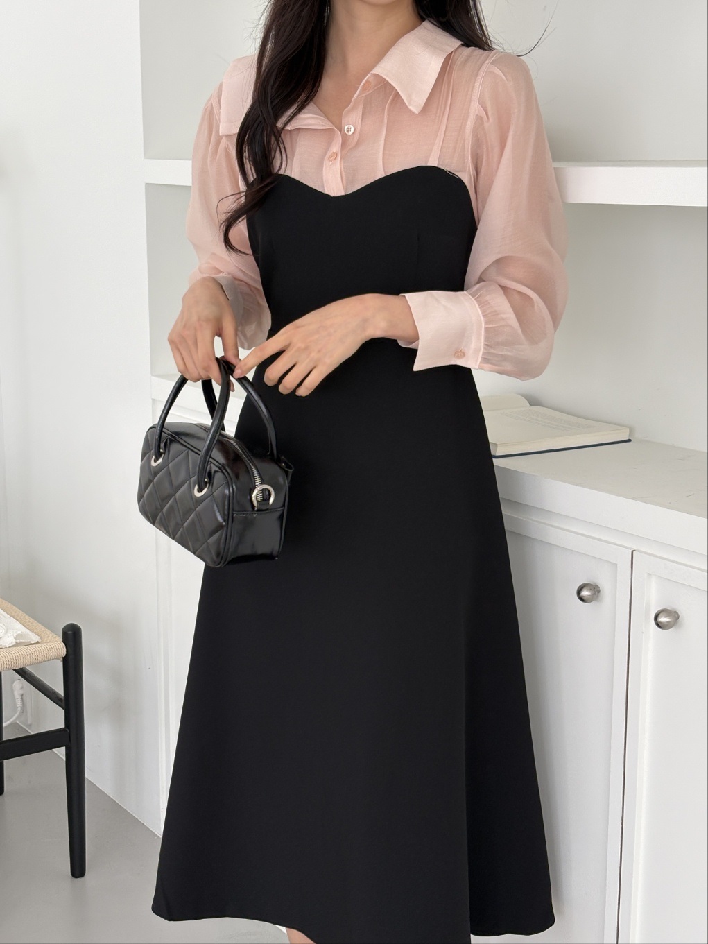 シフォンボタンカラーパフスリーブレイヤード風長袖ギャザーフレアAラインボタンスリーブ配色ワンピース | 詳細画像12