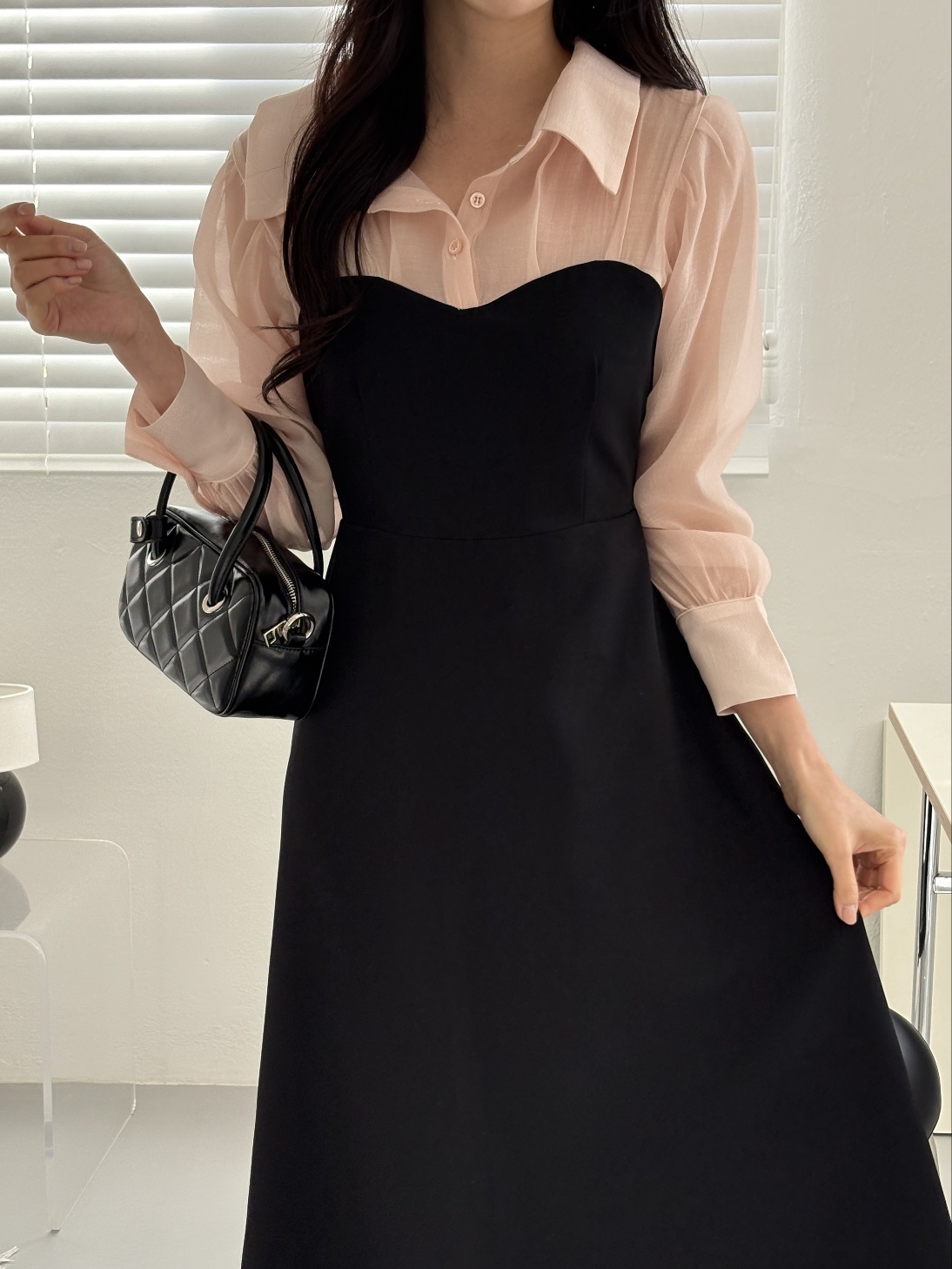 シフォンボタンカラーパフスリーブレイヤード風長袖ギャザーフレアAラインボタンスリーブ配色ワンピース | 詳細画像14