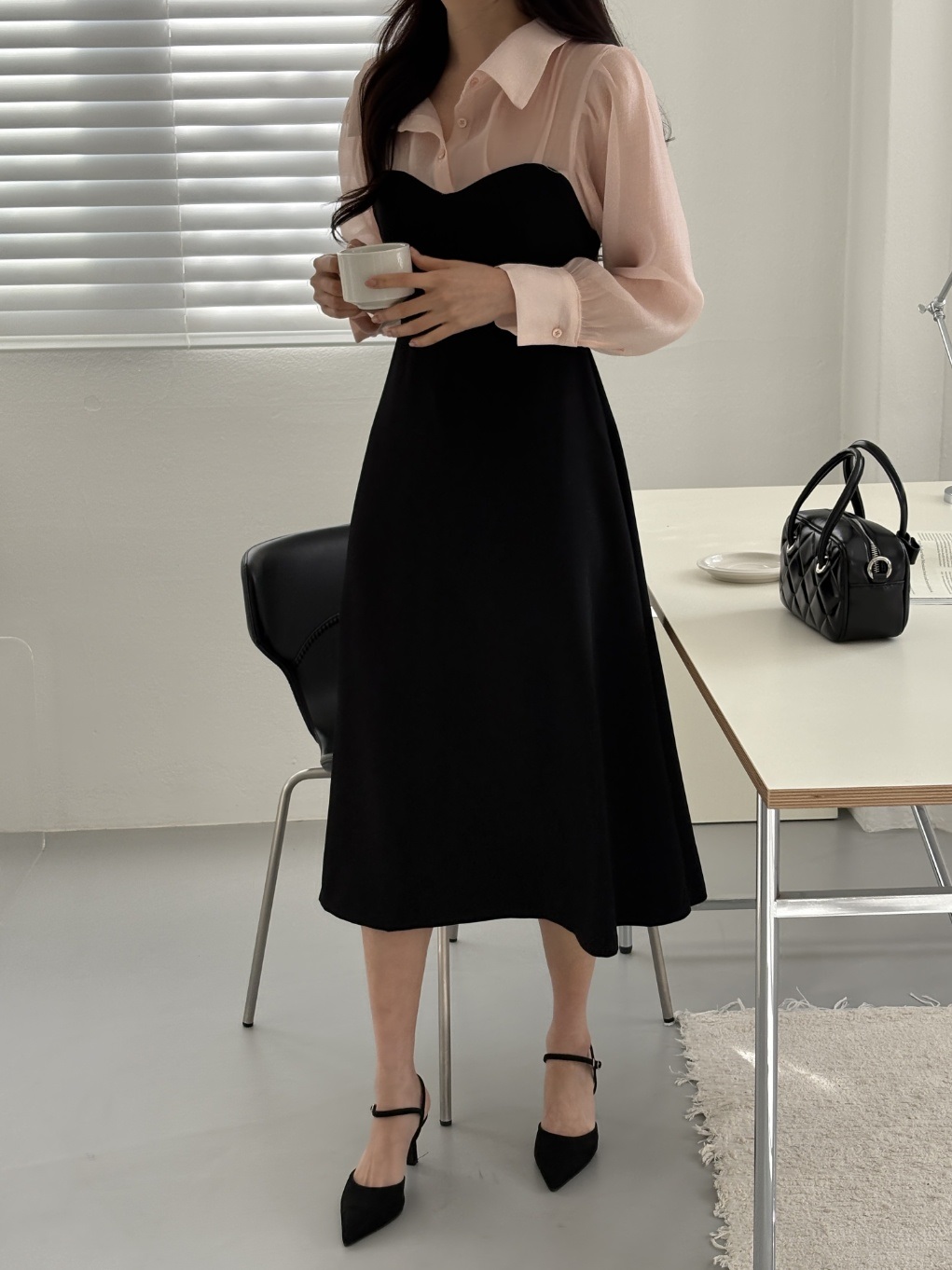 シフォンボタンカラーパフスリーブレイヤード風長袖ギャザーフレアAラインボタンスリーブ配色ワンピース | 詳細画像15