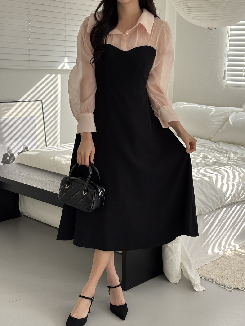 シフォンボタンカラーパフスリーブレイヤード風長袖ギャザーフレアAラインボタンスリーブ配色ワンピース | 詳細画像16