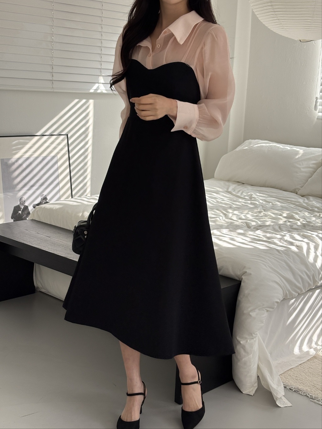 シフォンボタンカラーパフスリーブレイヤード風長袖ギャザーフレアAラインボタンスリーブ配色ワンピース | 詳細画像17