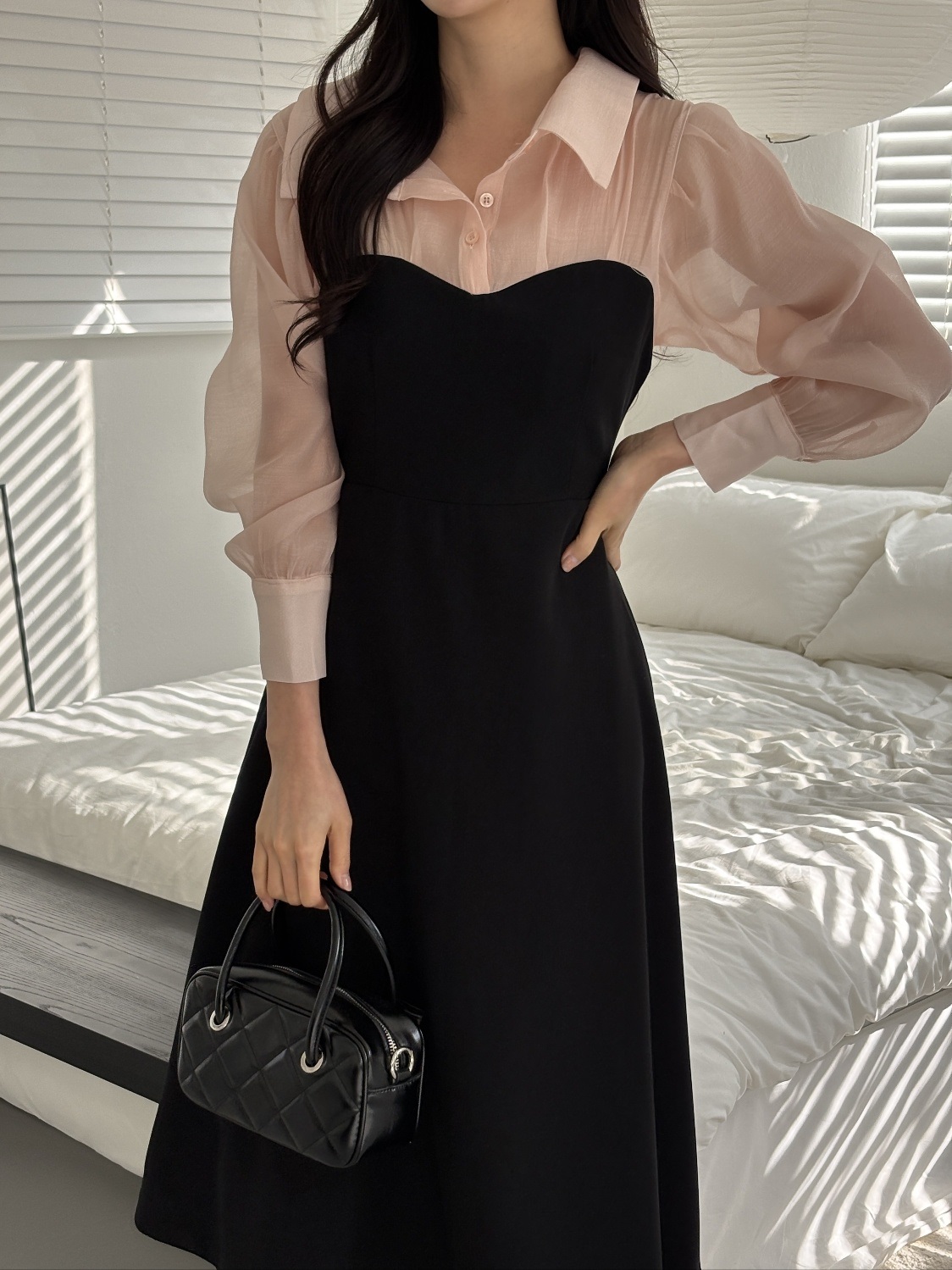 シフォンボタンカラーパフスリーブレイヤード風長袖ギャザーフレアAラインボタンスリーブ配色ワンピース | 詳細画像18