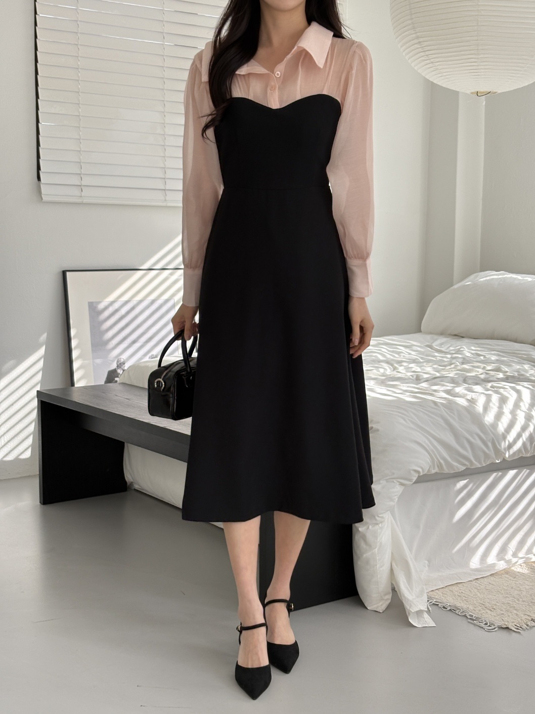 シフォンボタンカラーパフスリーブレイヤード風長袖ギャザーフレアAラインボタンスリーブ配色ワンピース | 詳細画像19