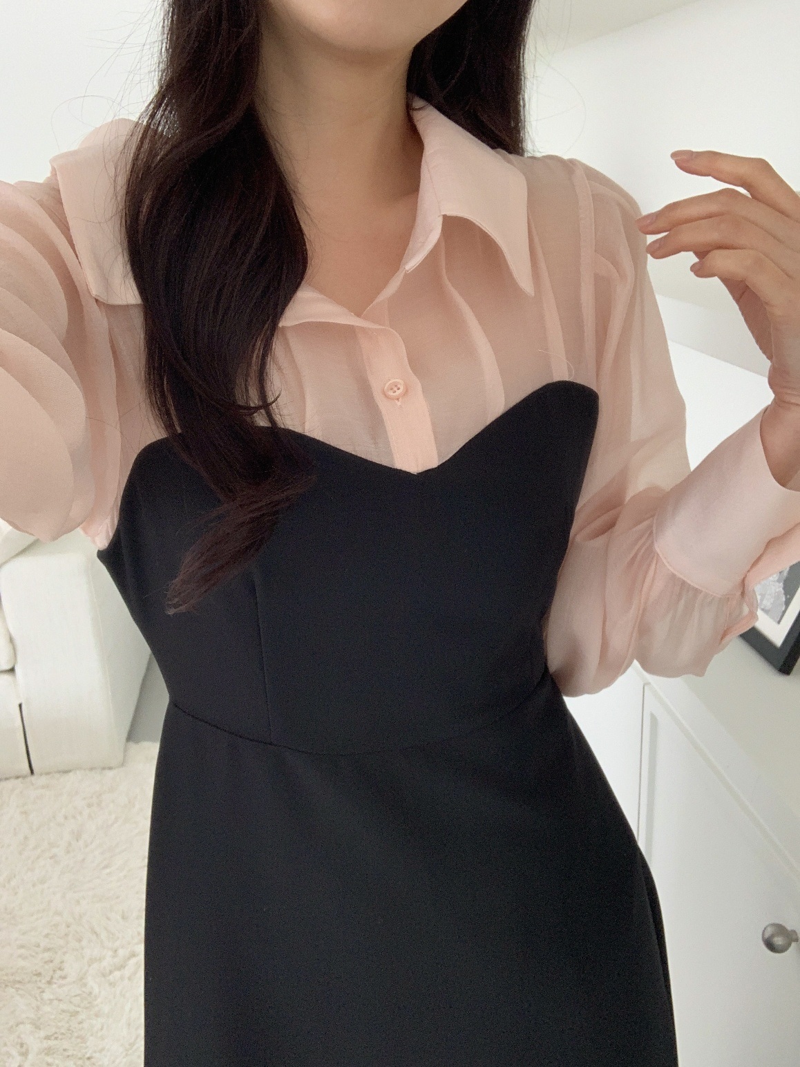 シフォンボタンカラーパフスリーブレイヤード風長袖ギャザーフレアAラインボタンスリーブ配色ワンピース | 詳細画像20