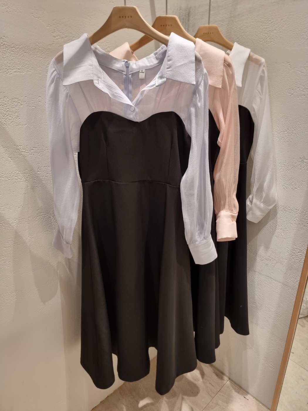 シフォンボタンカラーパフスリーブレイヤード風長袖ギャザーフレアAラインボタンスリーブ配色ワンピース | 詳細画像21