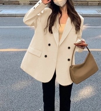 肩パッドオープンカラーオーバーサイズ長袖フラップポケットボタンスリーブダブルボタンハーフ無地ダブルジャケット | 詳細画像2