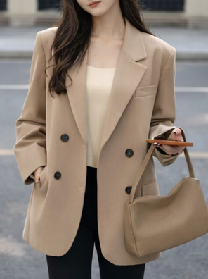 肩パッドオープンカラーオーバーサイズ長袖フラップポケットボタンスリーブダブルボタンハーフ無地ダブルジャケット | 詳細画像5