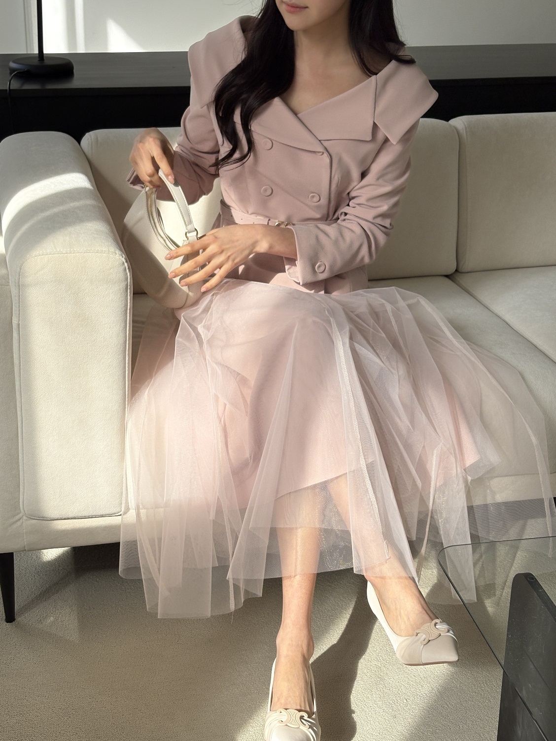 レースチュールコンビVネック肩パッドラインショートロング長袖フレアAラインワイドネックダブルボタン無地ツーピース(トップス、ボトムス)スカートダブルジャケットベルト付 | 詳細画像2