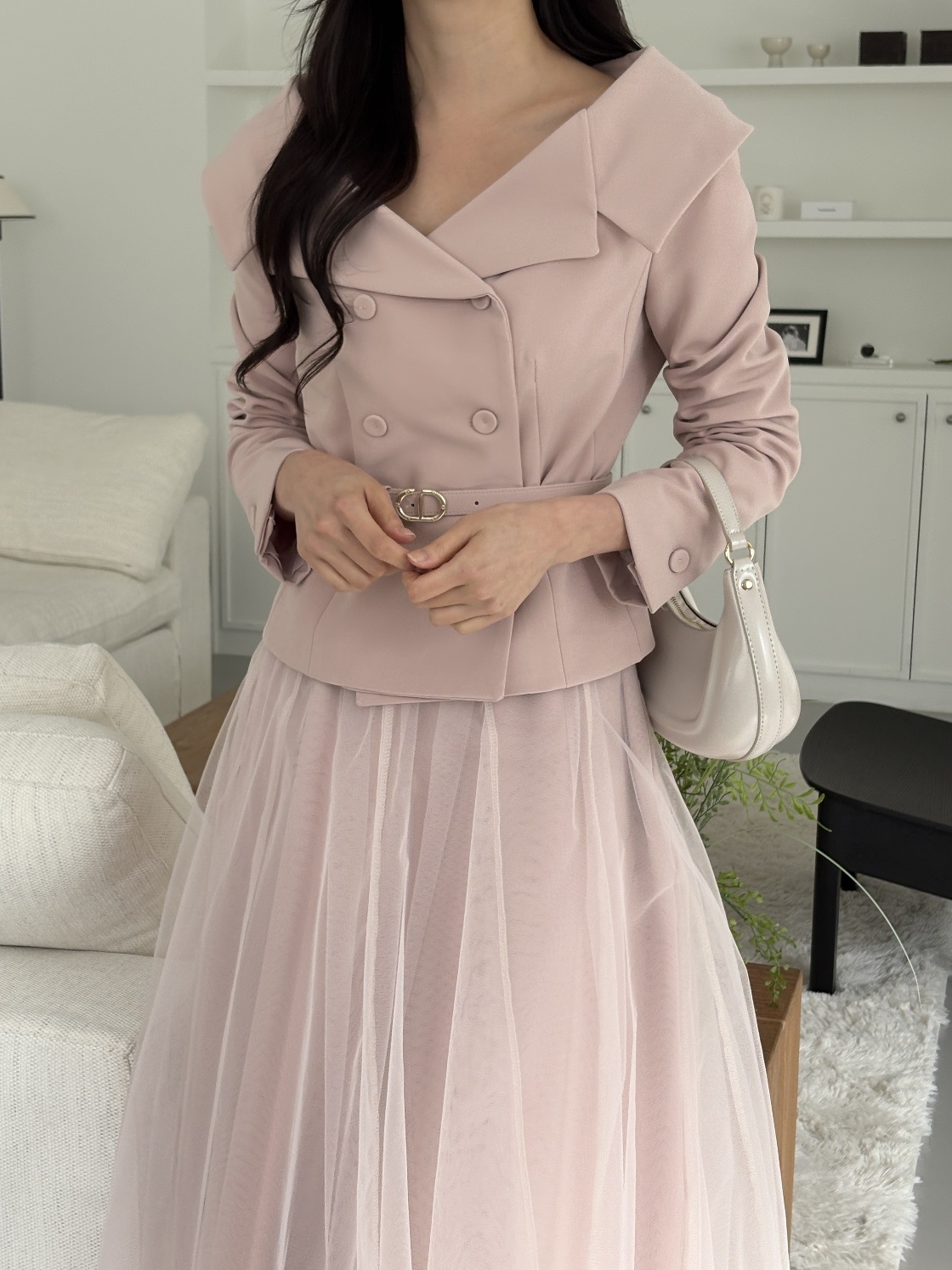 レースチュールコンビVネック肩パッドラインショートロング長袖フレアAラインワイドネックダブルボタン無地ツーピース(トップス、ボトムス)スカートダブルジャケットベルト付 | 詳細画像12