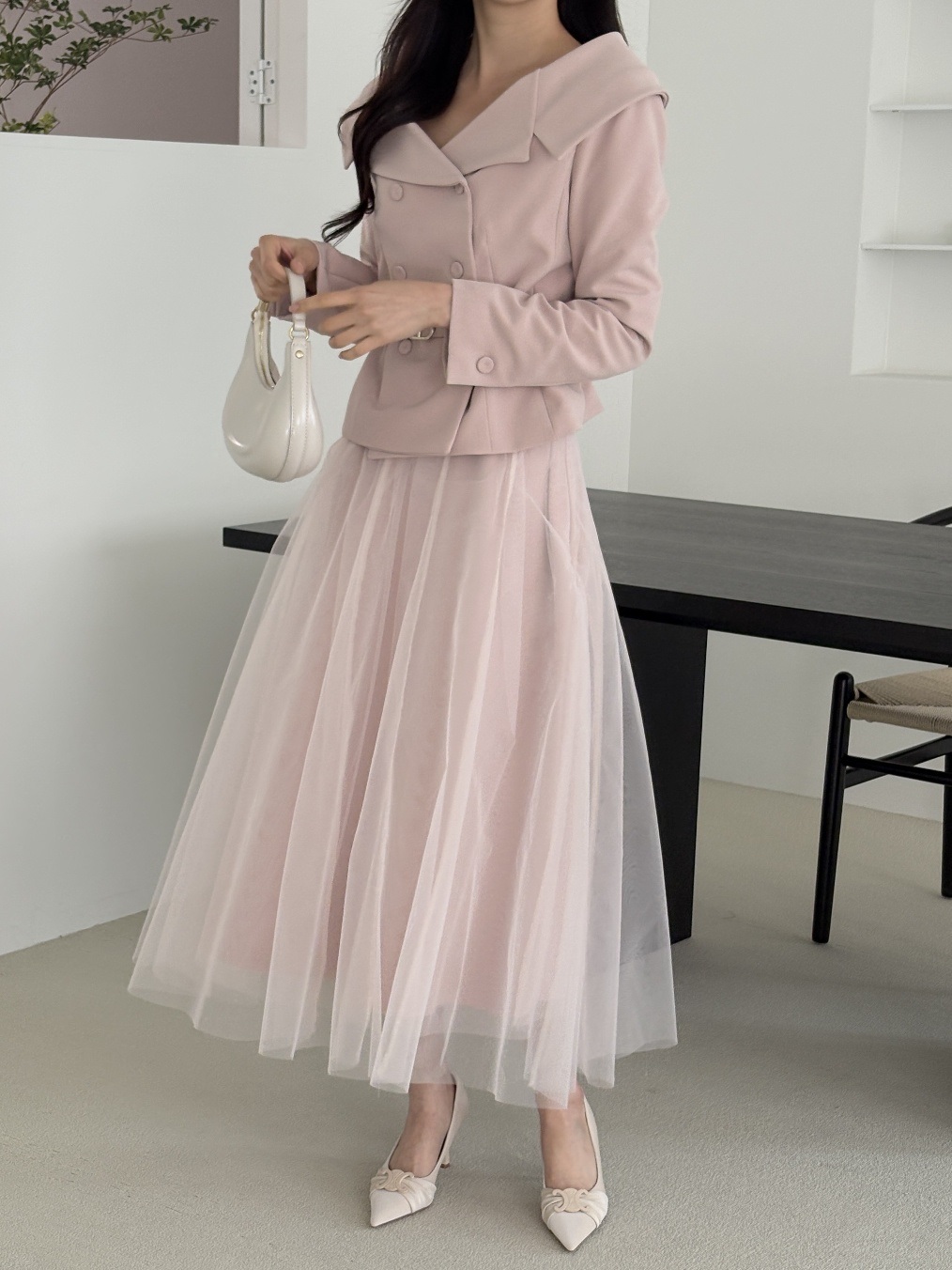 レースチュールコンビVネック肩パッドラインショートロング長袖フレアAラインワイドネックダブルボタン無地ツーピース(トップス、ボトムス)スカートダブルジャケットベルト付 | 詳細画像16