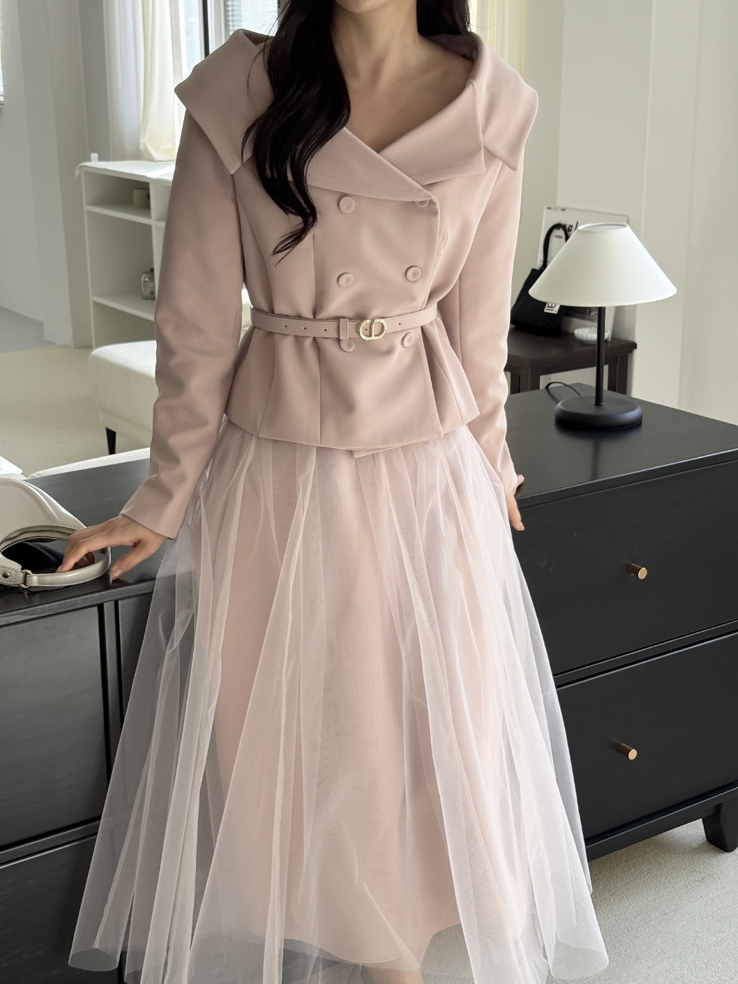 レースチュールコンビVネック肩パッドラインショートロング長袖フレアAラインワイドネックダブルボタン無地ツーピース(トップス、ボトムス)スカートダブルジャケットベルト付 | 詳細画像21