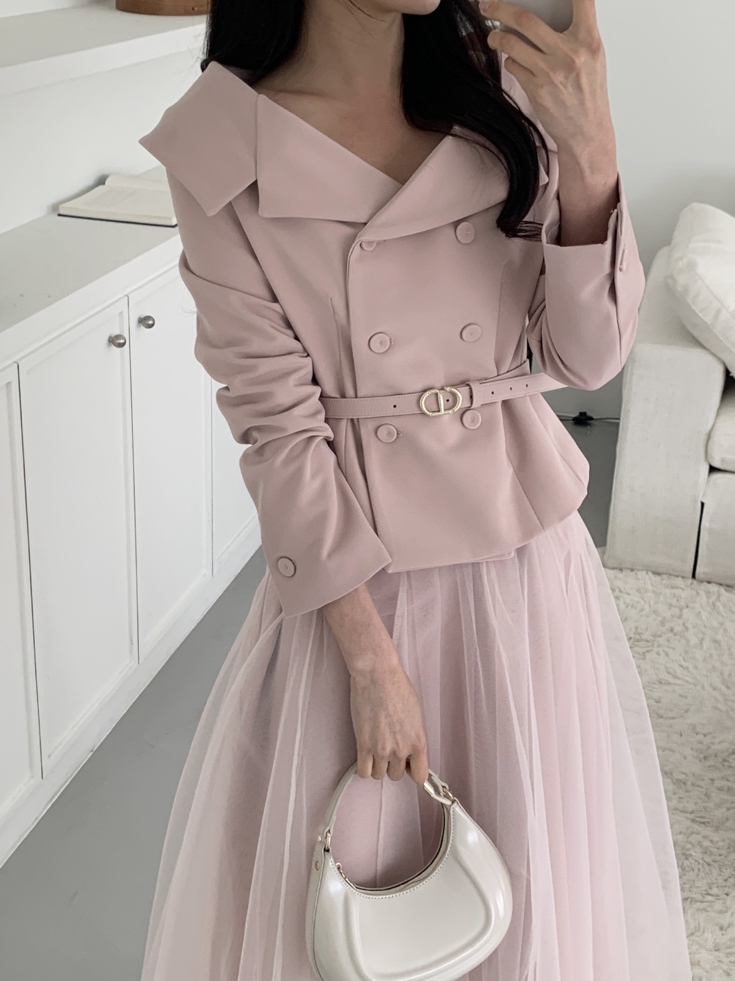 Vネック肩パッドラインショート長袖ワイドネックダブルボタン無地ダブルジャケットベルト付 | 詳細画像6