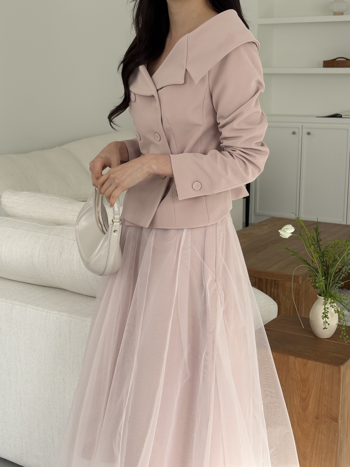 Vネック肩パッドラインショート長袖ワイドネックダブルボタン無地ダブルジャケットベルト付 | 詳細画像10