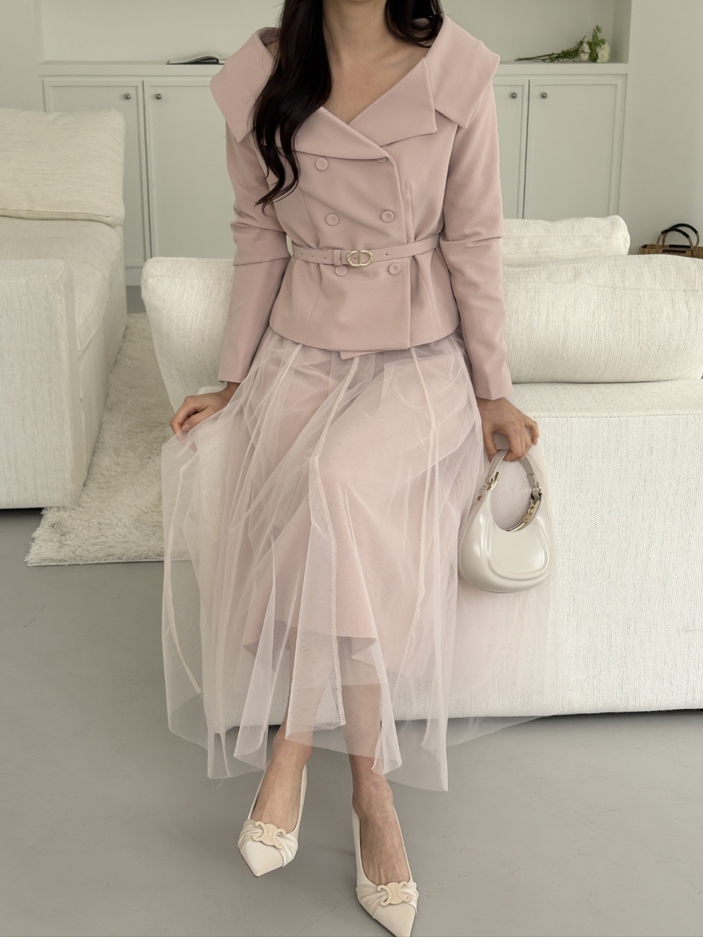 Vネック肩パッドラインショート長袖ワイドネックダブルボタン無地ダブルジャケットベルト付 | 詳細画像12