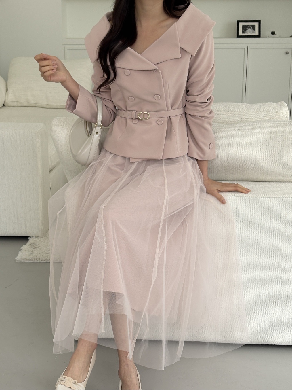 Vネック肩パッドラインショート長袖ワイドネックダブルボタン無地ダブルジャケットベルト付 | 詳細画像13