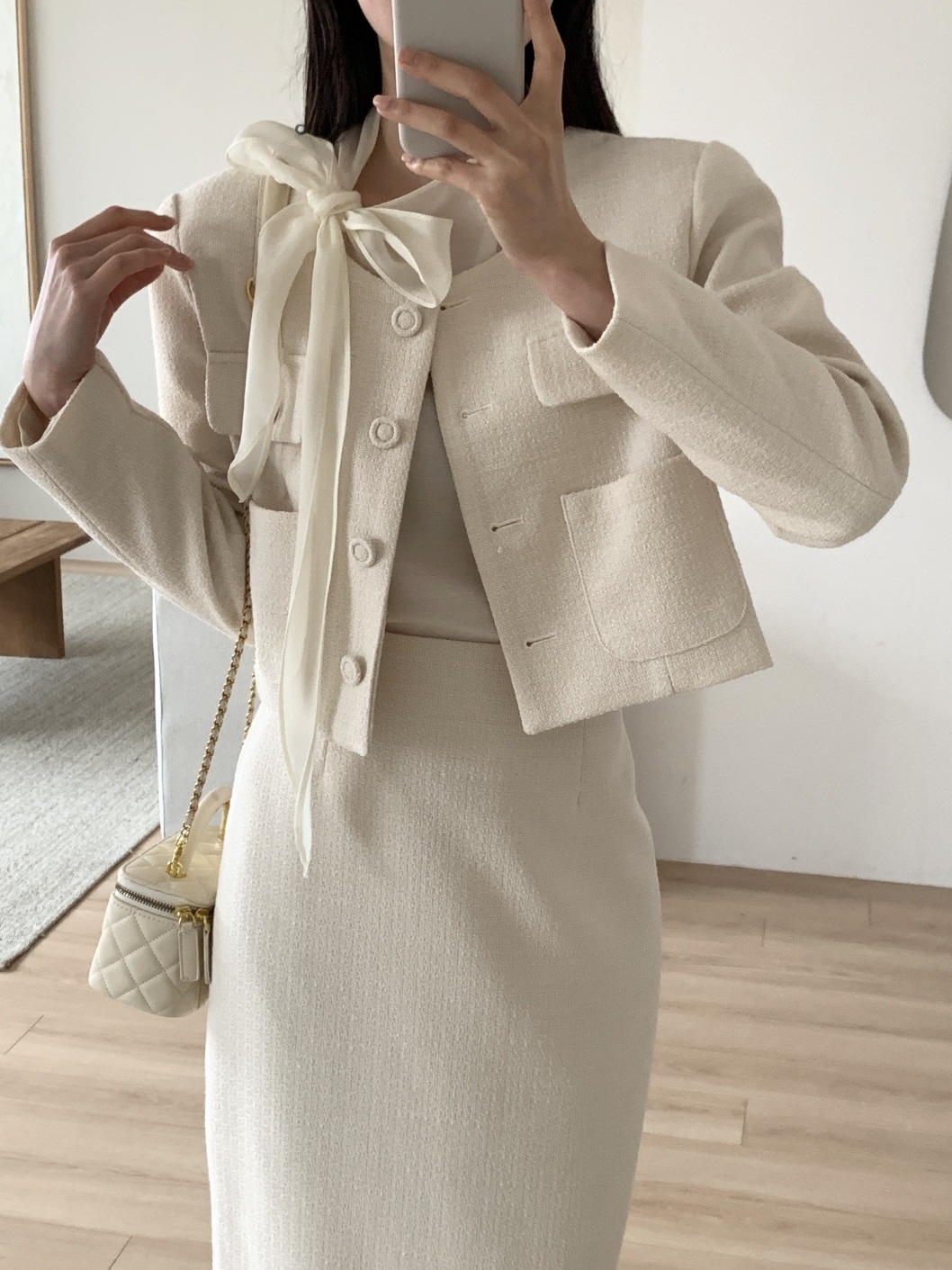 ツイードボタンラウンドネックノーカラー長袖アウトポケットHライン(ロング丈)ツーピース(トップス、ボトムス)スカートジャケット | 詳細画像4