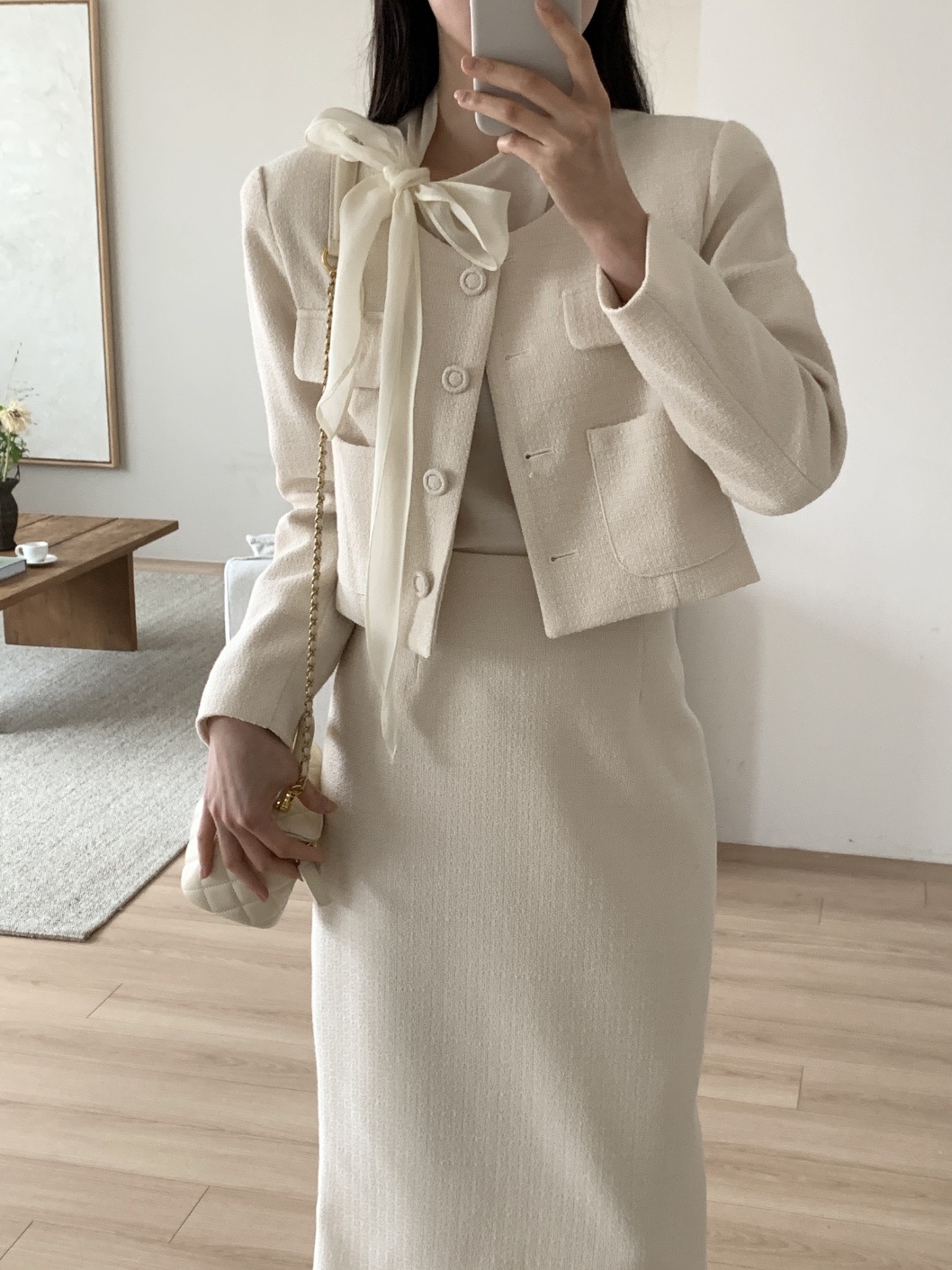 ツイードボタンラウンドネックノーカラー長袖アウトポケットHライン(ロング丈)ツーピース(トップス、ボトムス)スカートジャケット | 詳細画像5