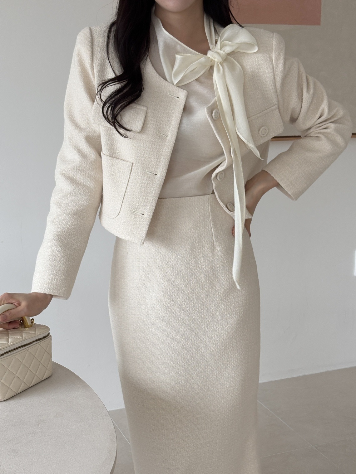 ツイードボタンラウンドネックノーカラー長袖アウトポケットHライン(ロング丈)ツーピース(トップス、ボトムス)スカートジャケット | 詳細画像8