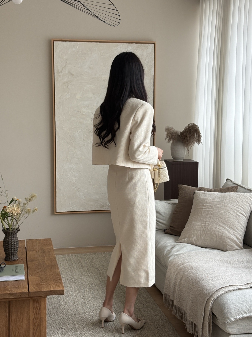 ツイードボタンラウンドネックノーカラー長袖アウトポケットHライン(ロング丈)ツーピース(トップス、ボトムス)スカートジャケット | 詳細画像12