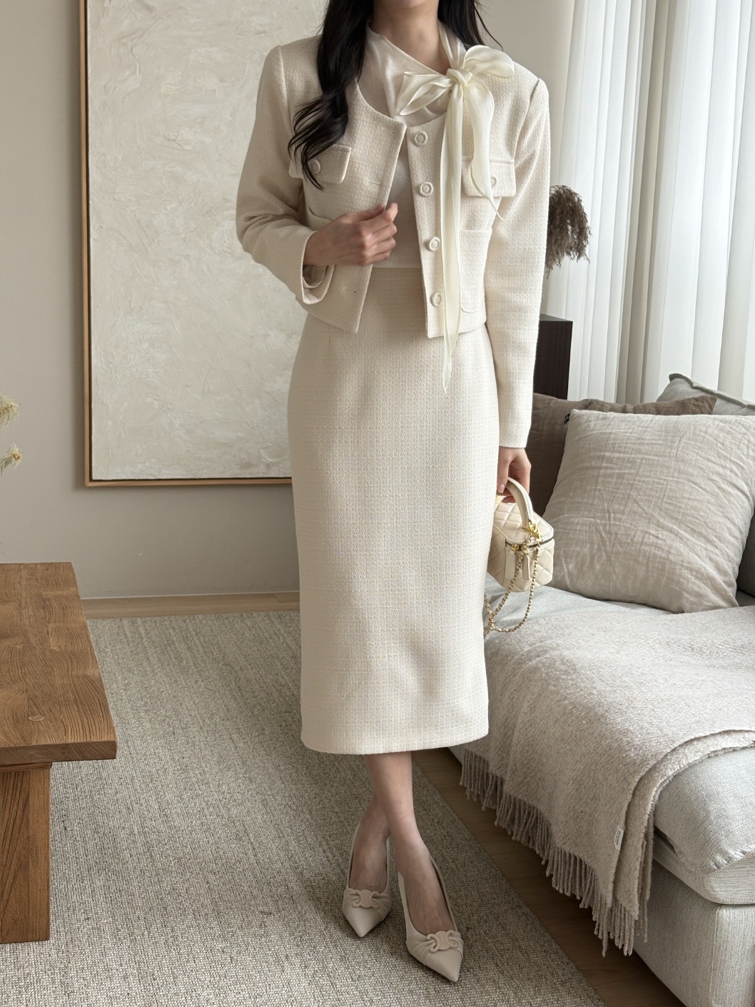 ツイードボタンラウンドネックノーカラー長袖アウトポケットHライン(ロング丈)ツーピース(トップス、ボトムス)スカートジャケット | 詳細画像13