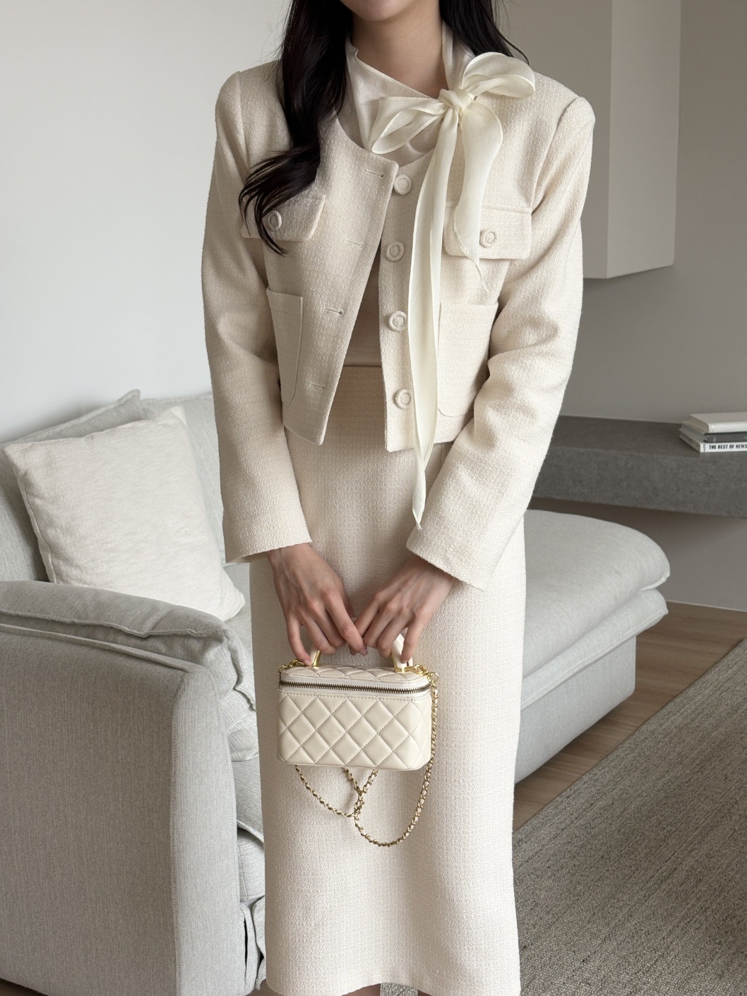 ツイードボタンラウンドネックノーカラー長袖アウトポケットHライン(ロング丈)ツーピース(トップス、ボトムス)スカートジャケット | 詳細画像19