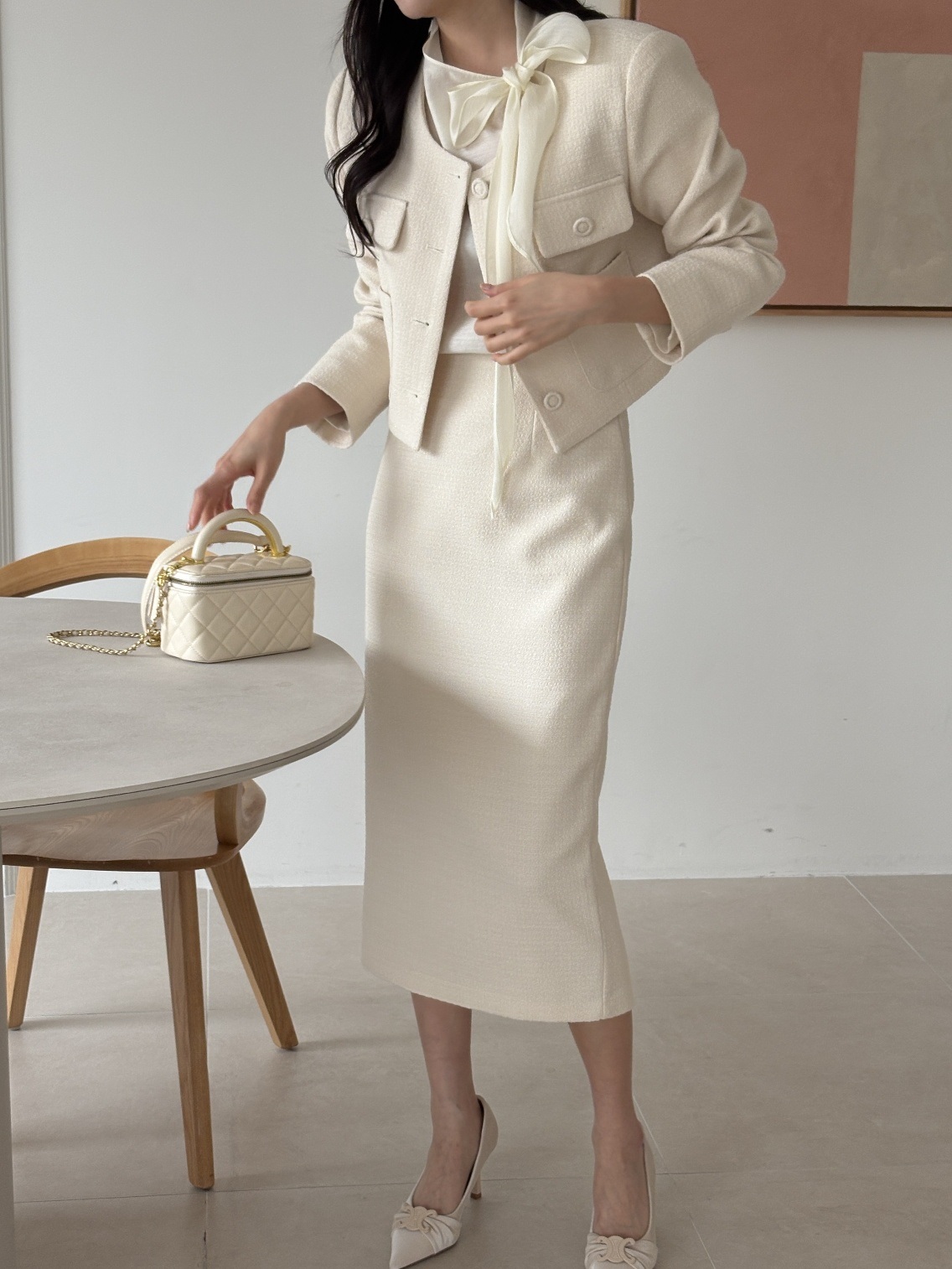 ツイードボタンラウンドネックノーカラー長袖アウトポケットジャケット | 詳細画像6