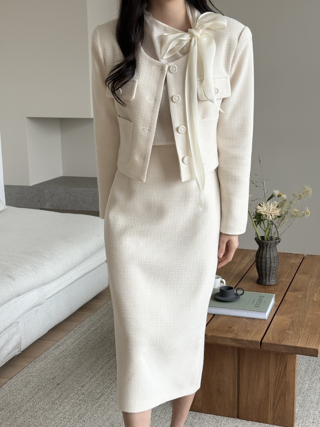 ツイードボタンラウンドネックノーカラー長袖アウトポケットジャケット | 詳細画像13