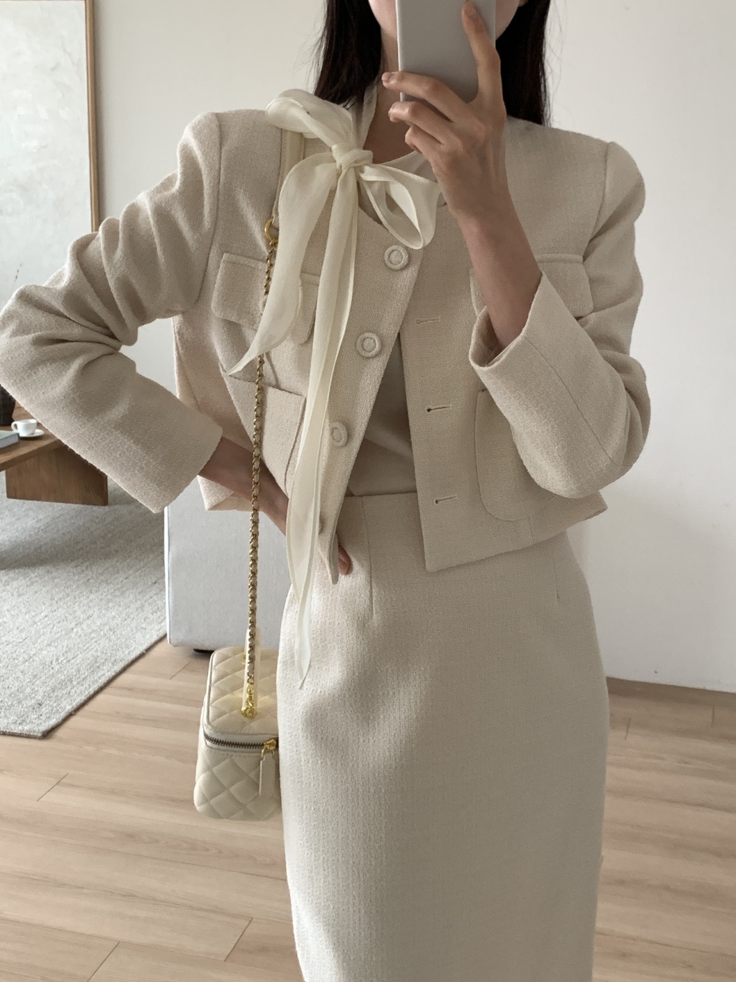 ツイードボタンラウンドネックノーカラー長袖アウトポケットジャケット | 詳細画像15