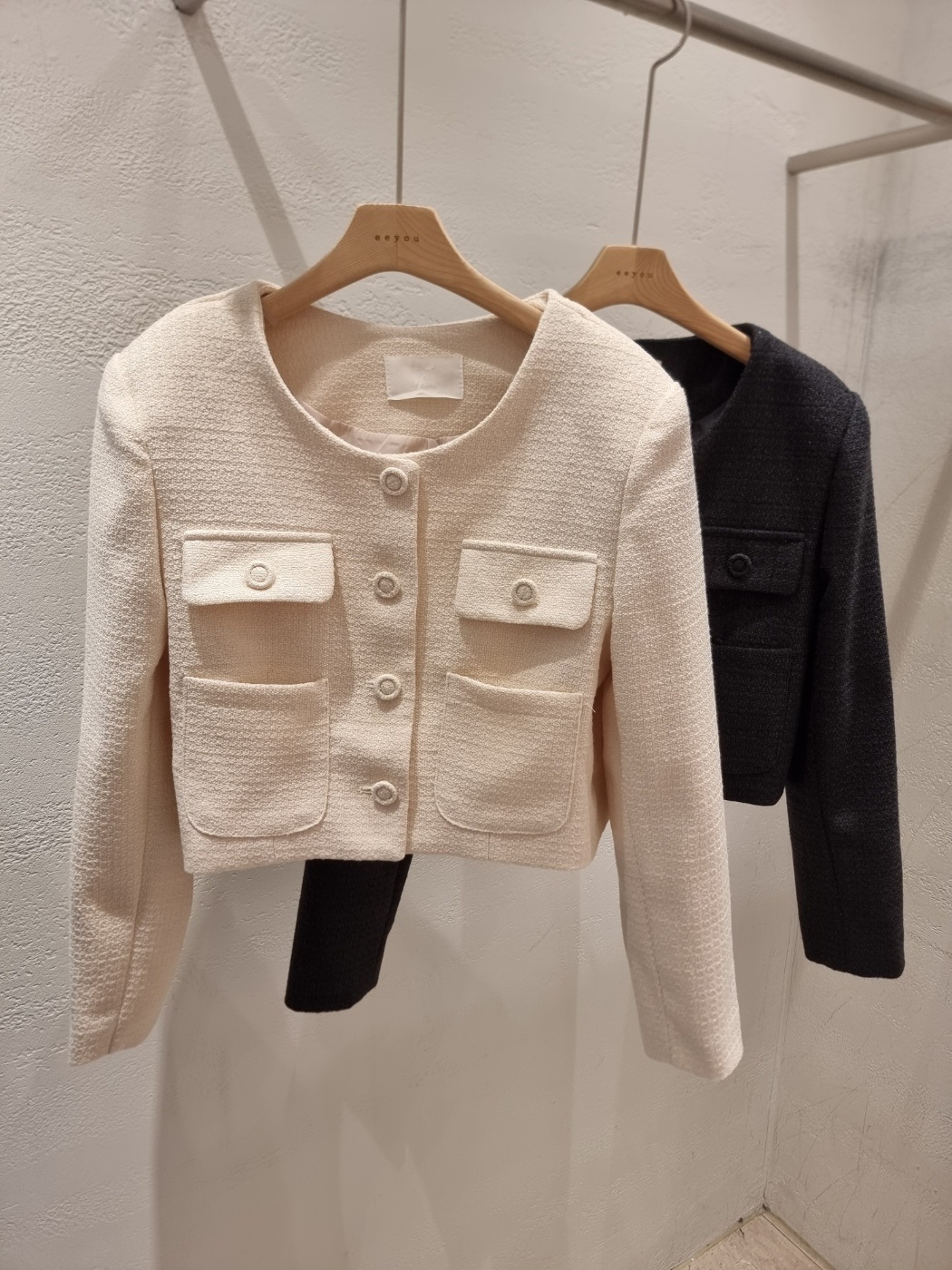 ツイードボタンラウンドネックノーカラー長袖アウトポケットジャケット | 詳細画像17