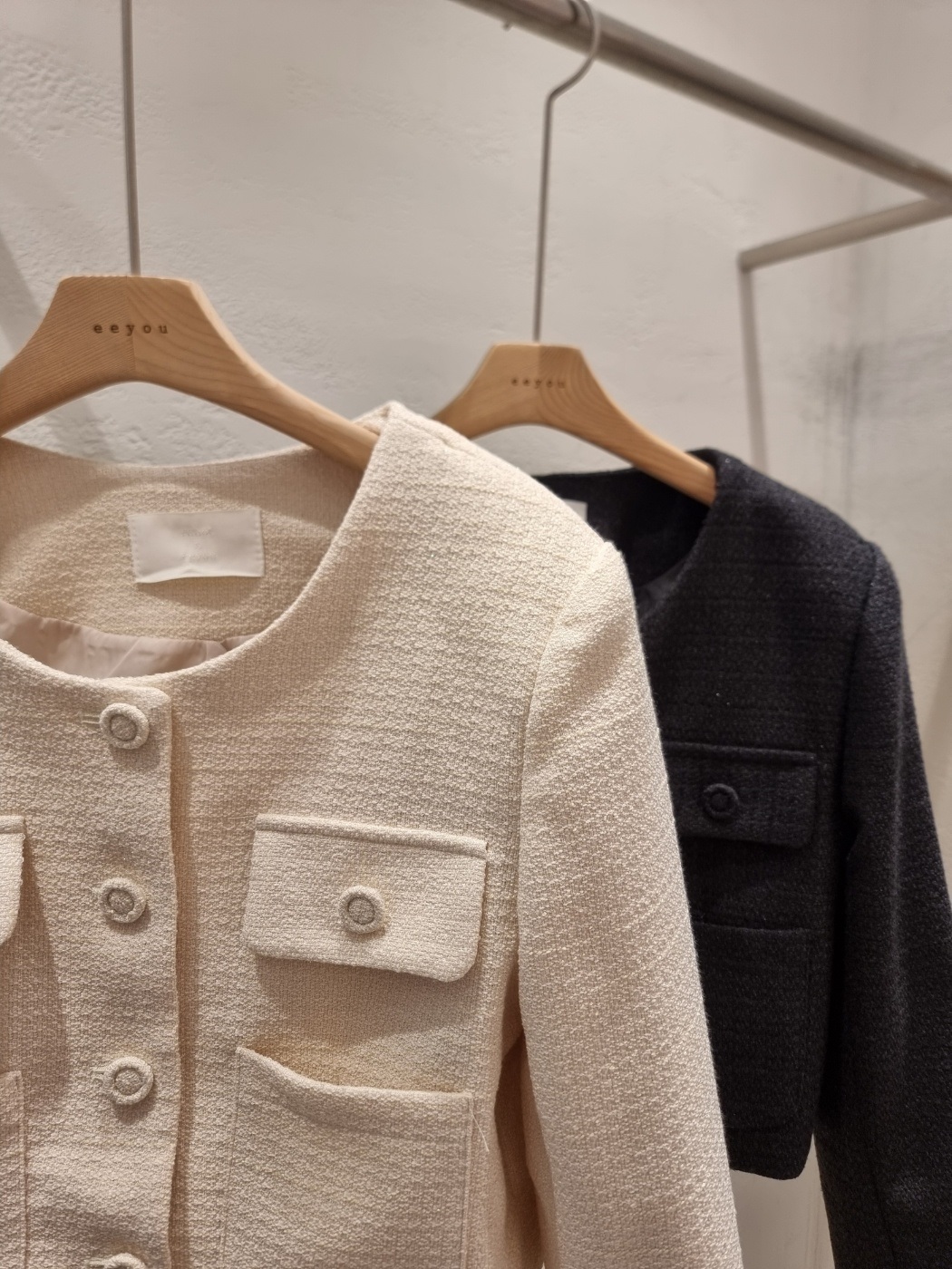 ツイードボタンラウンドネックノーカラー長袖アウトポケットジャケット | 詳細画像18