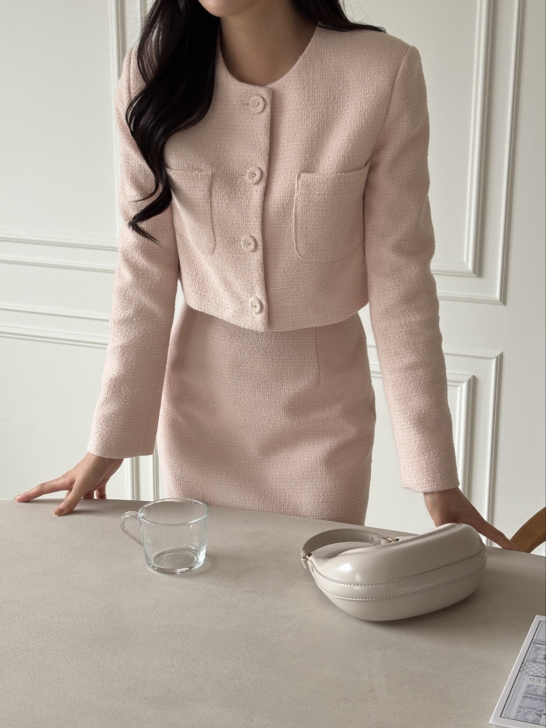 ツイードボタンラウンドネックノーカラースリット肩パッドラインクロップドスリム長袖アウトポケットHライン(ロング丈)ヒドゥンジッパーツーピース(トップス、ボトムス)スカートジャケット | 詳細画像6