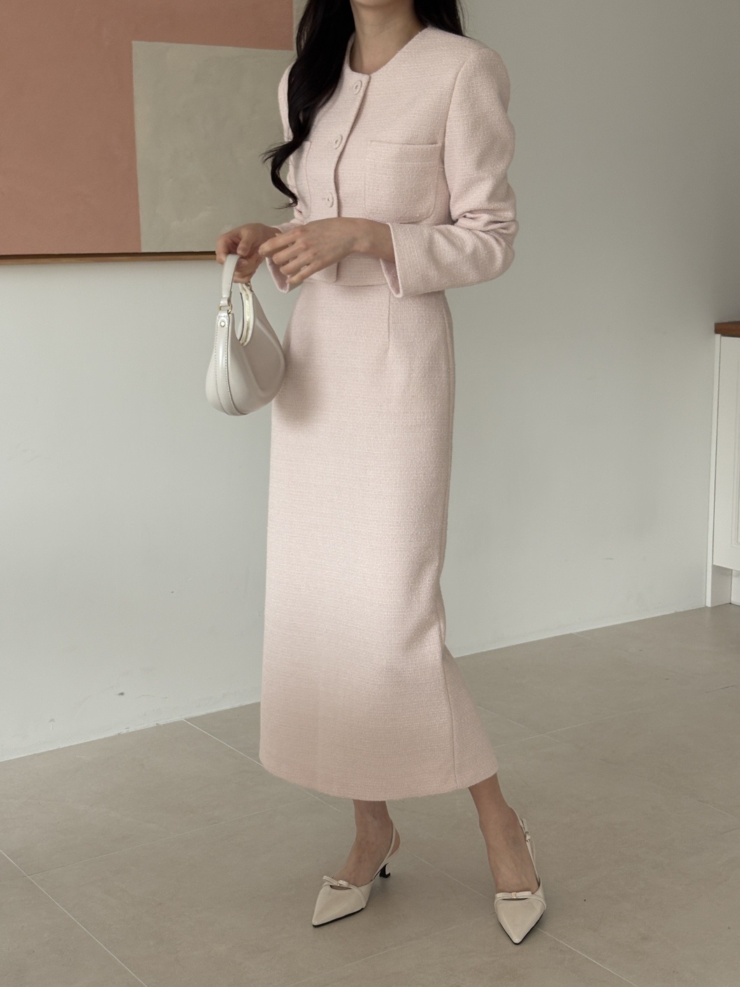 ツイードボタンラウンドネックノーカラースリット肩パッドラインクロップドスリム長袖アウトポケットHライン(ロング丈)ヒドゥンジッパーツーピース(トップス、ボトムス)スカートジャケット | 詳細画像9