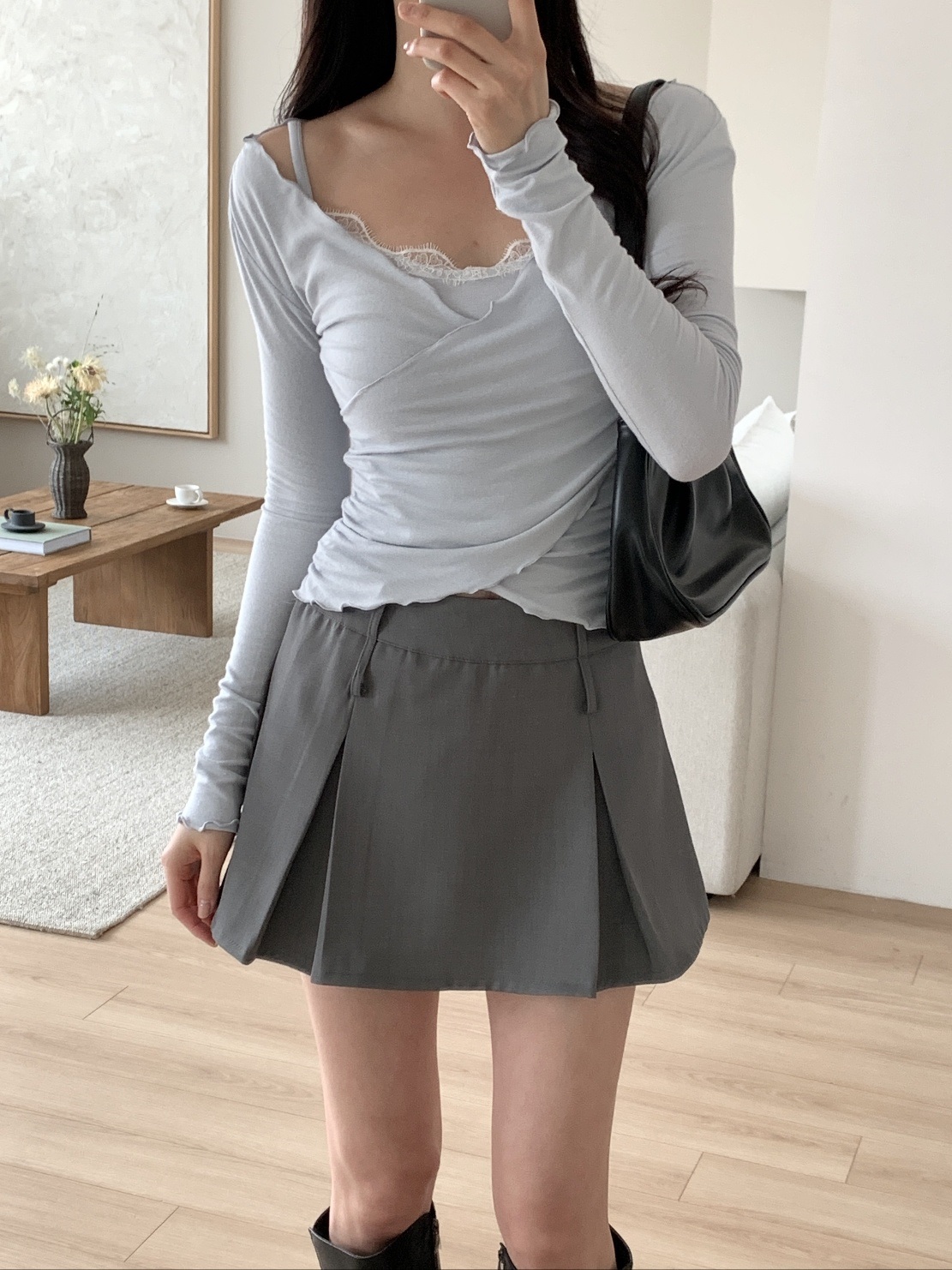 レースコンビシャーリングスリムレイヤード風カシュクールアンバランス長袖ワイドネック無地Tシャツ | 詳細画像4