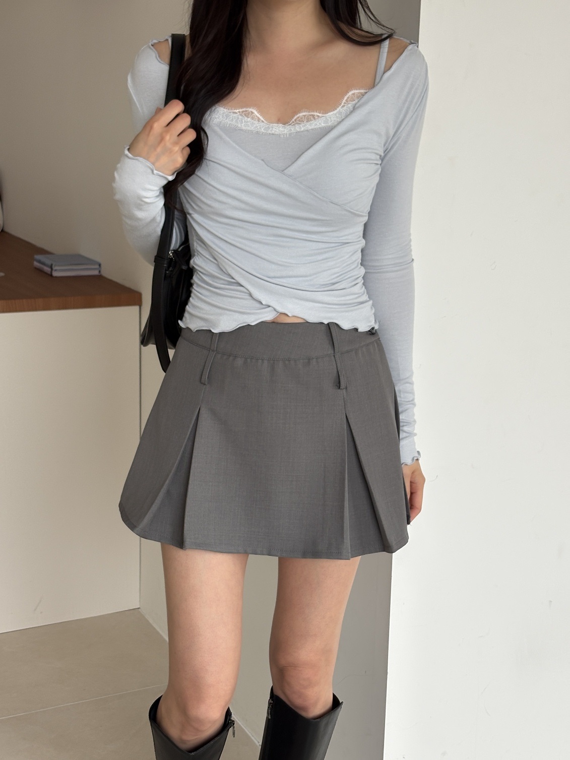 レースコンビシャーリングスリムレイヤード風カシュクールアンバランス長袖ワイドネック無地Tシャツ | 詳細画像9