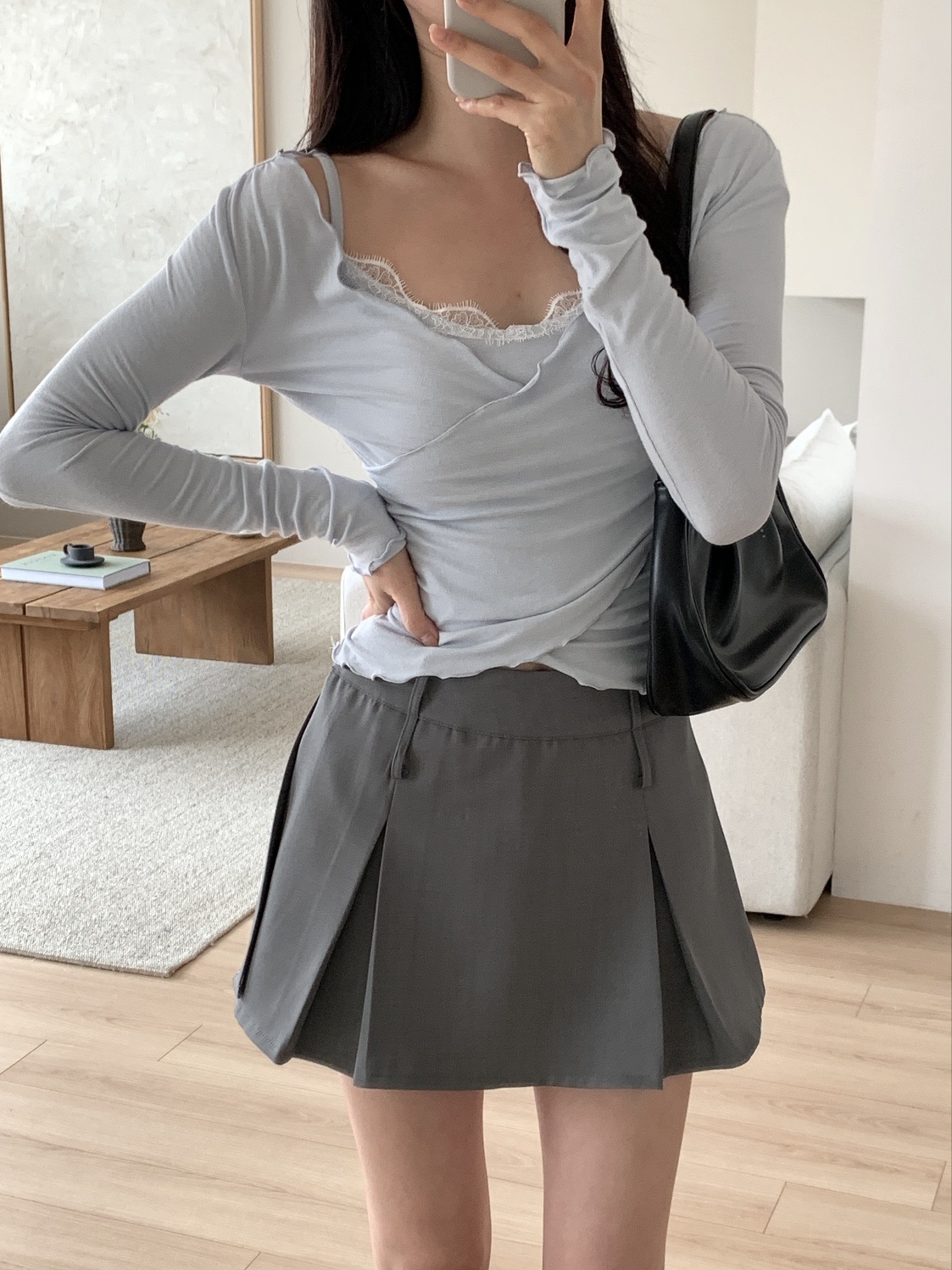 レースコンビシャーリングスリムレイヤード風カシュクールアンバランス長袖ワイドネック無地Tシャツ | 詳細画像19