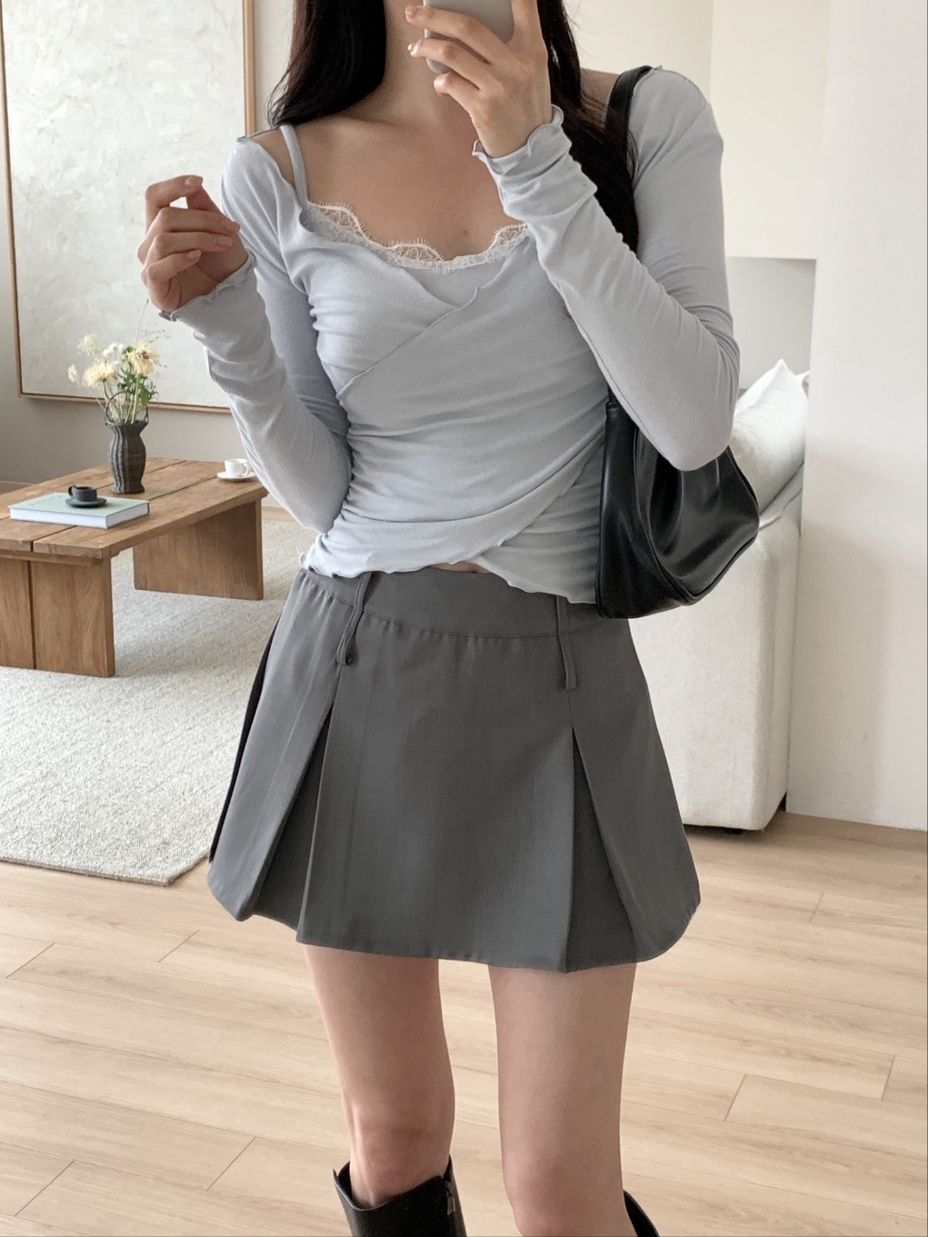 レースコンビシャーリングスリムレイヤード風カシュクールアンバランス長袖ワイドネック無地Tシャツ | 詳細画像20