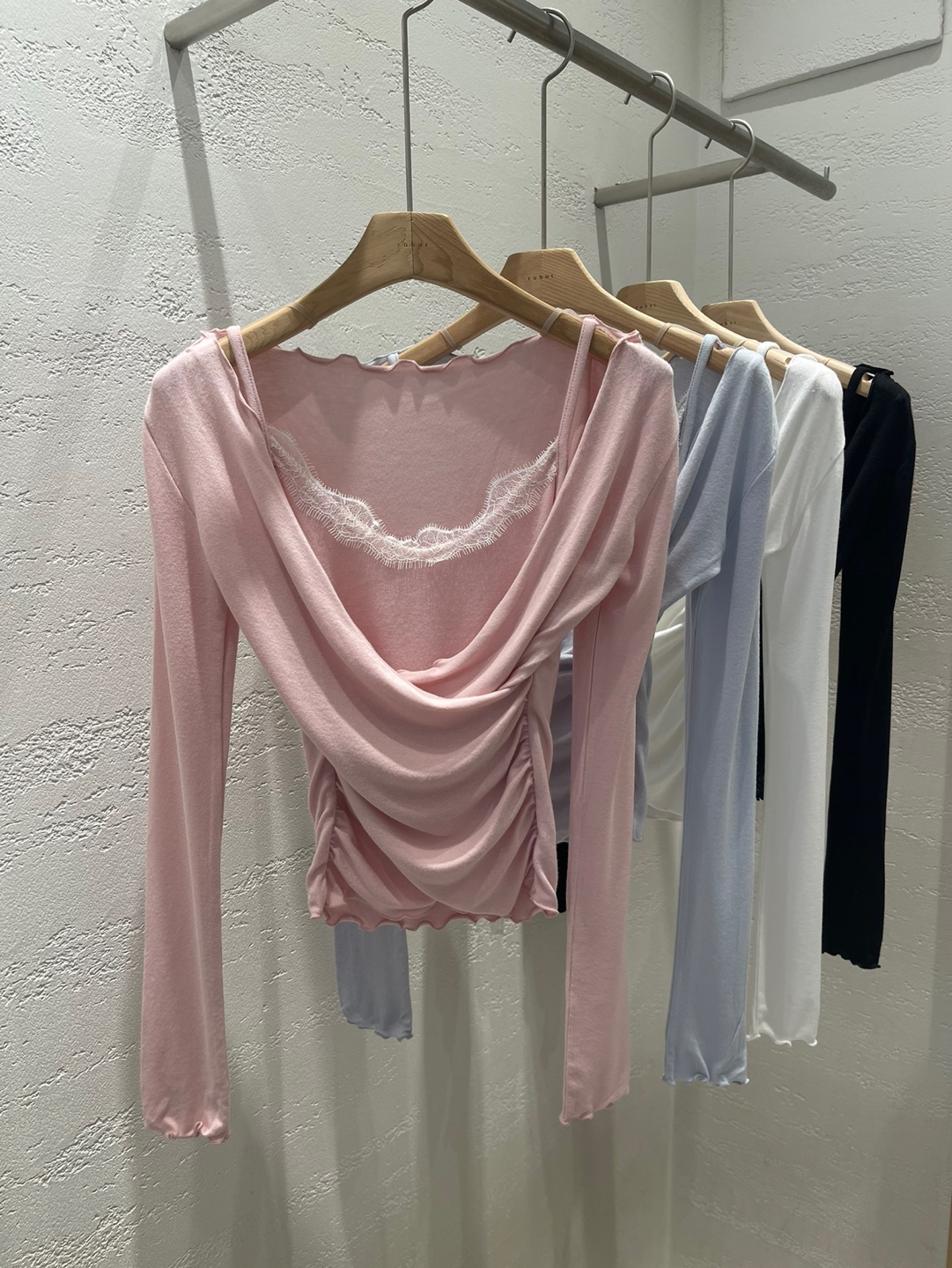 レースコンビシャーリングスリムレイヤード風カシュクールアンバランス長袖ワイドネック無地Tシャツ | 詳細画像21