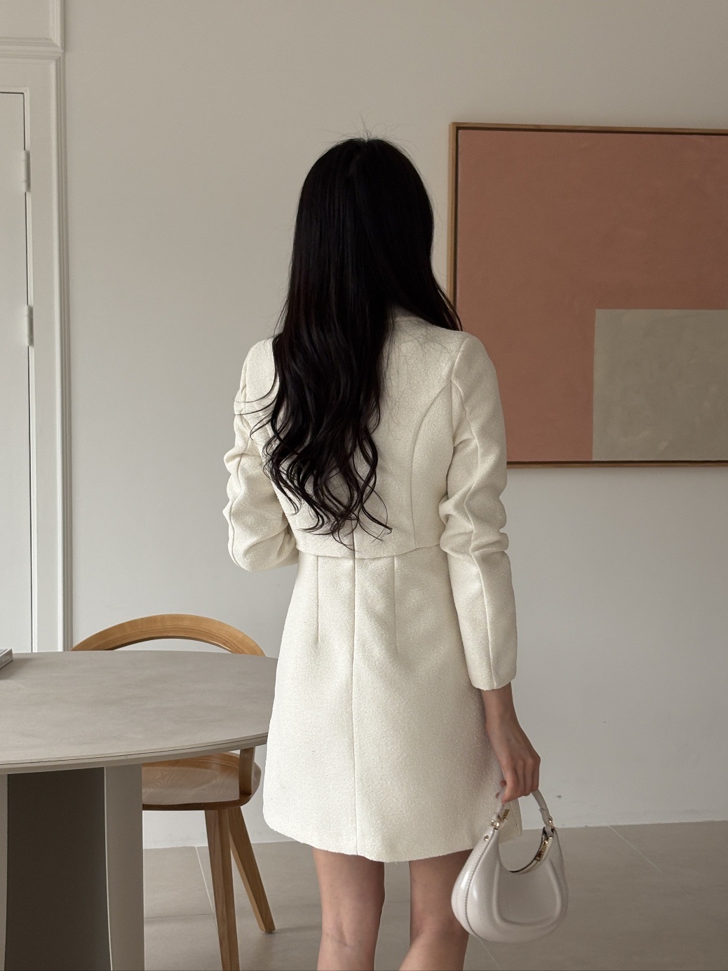 肩パッドオープンカラーライン長袖Aラインミニヒドゥンジッパー無地ワンピース | 詳細画像20