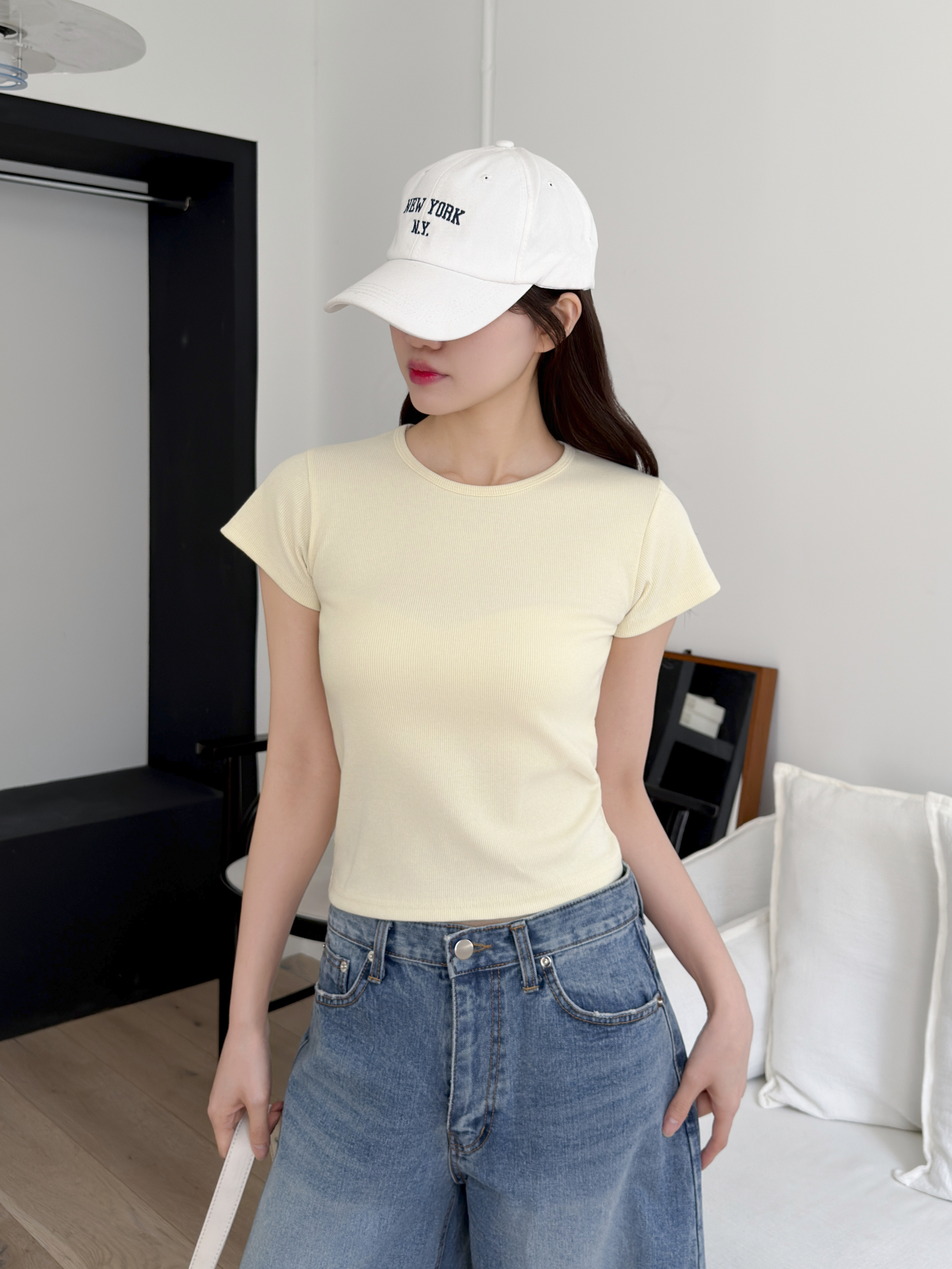 リブラウンドネックベーシックスリム半袖配色Tシャツ | 詳細画像5