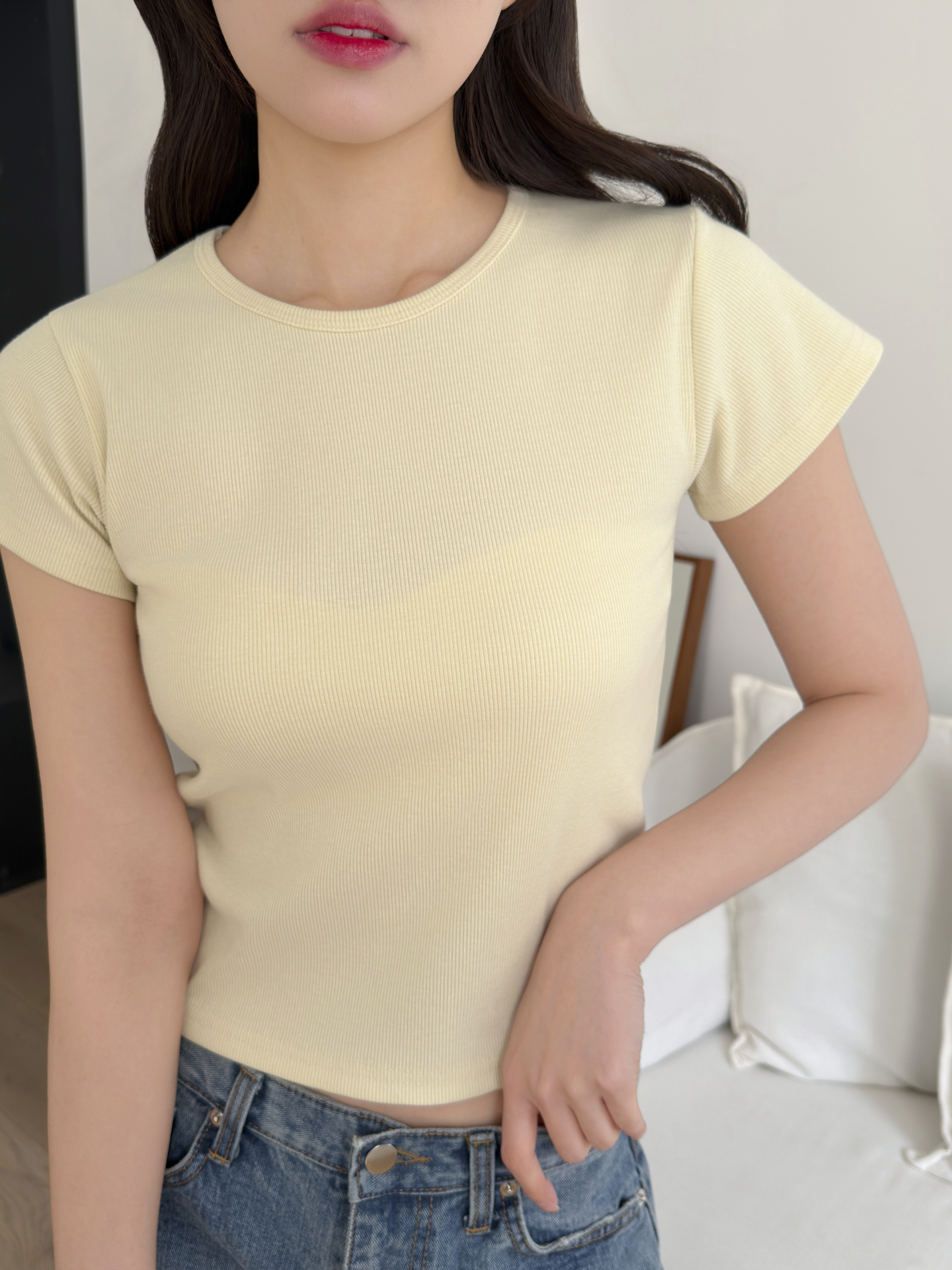 リブラウンドネックベーシックスリム半袖配色Tシャツ | 詳細画像12