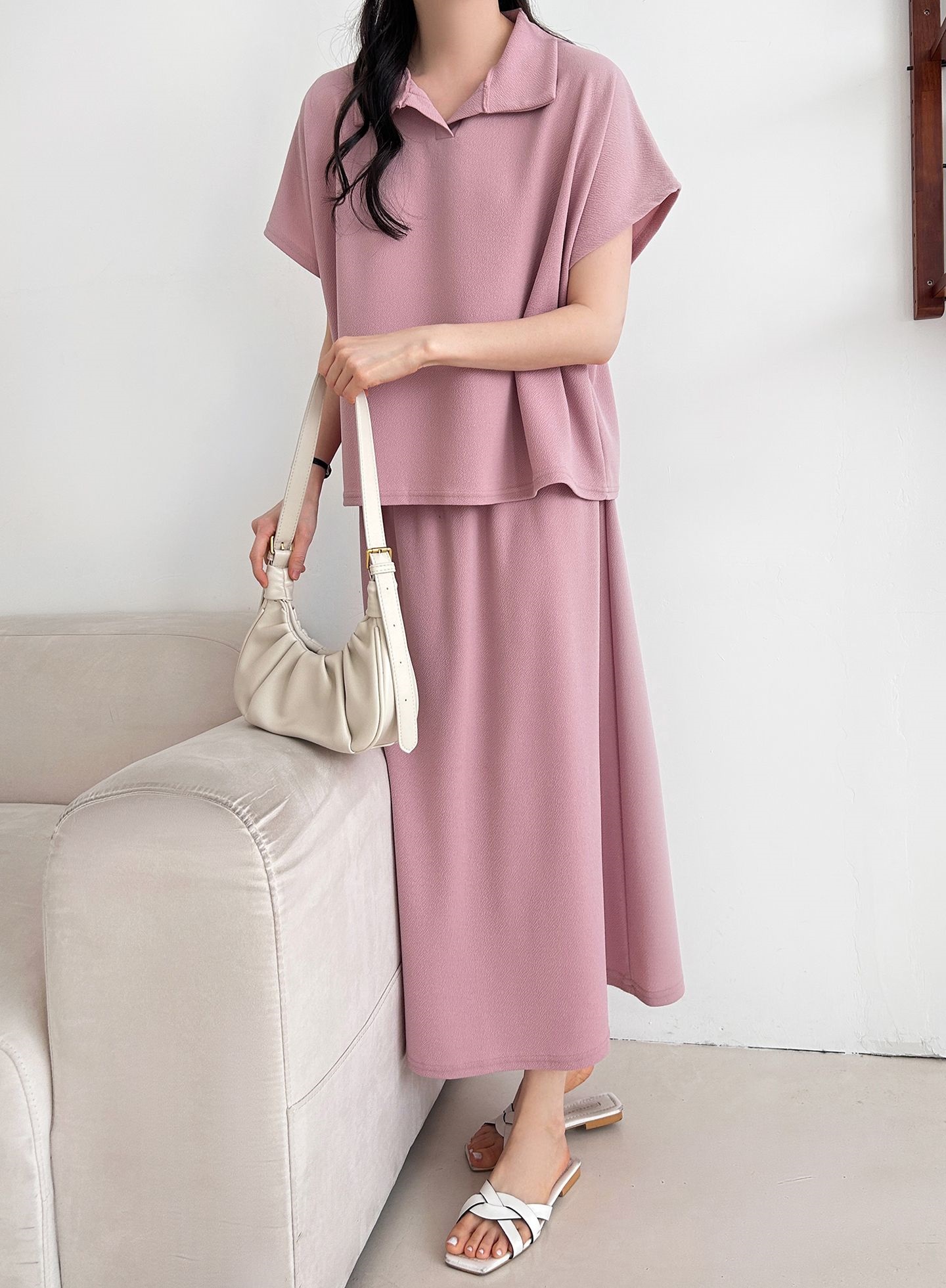 カラーウエストゴムロングルーズ半袖セットアップスカートTシャツ | 詳細画像4